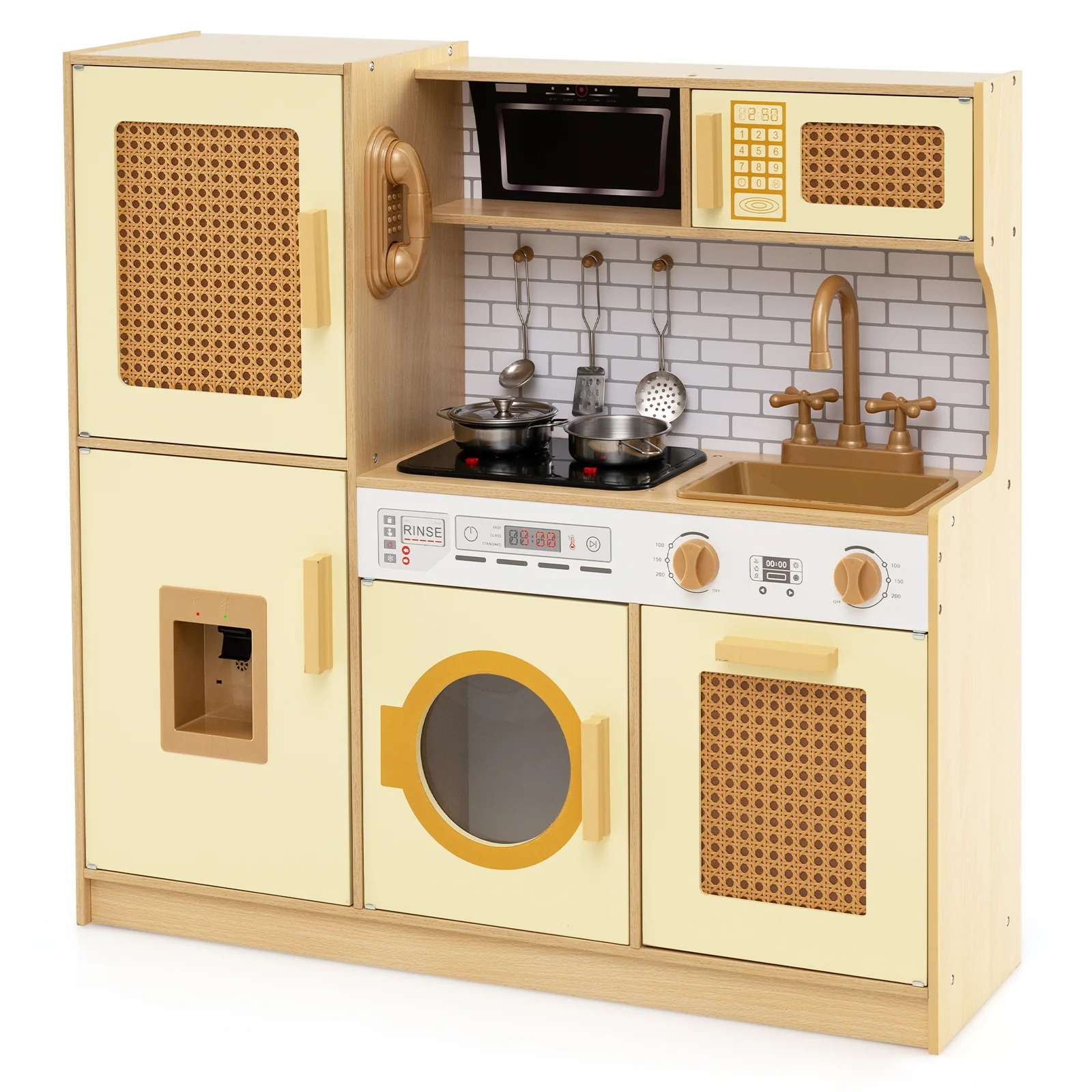 Kids Wooden Kitchen Playset With Lights, Sounds, Yellow - Image 4