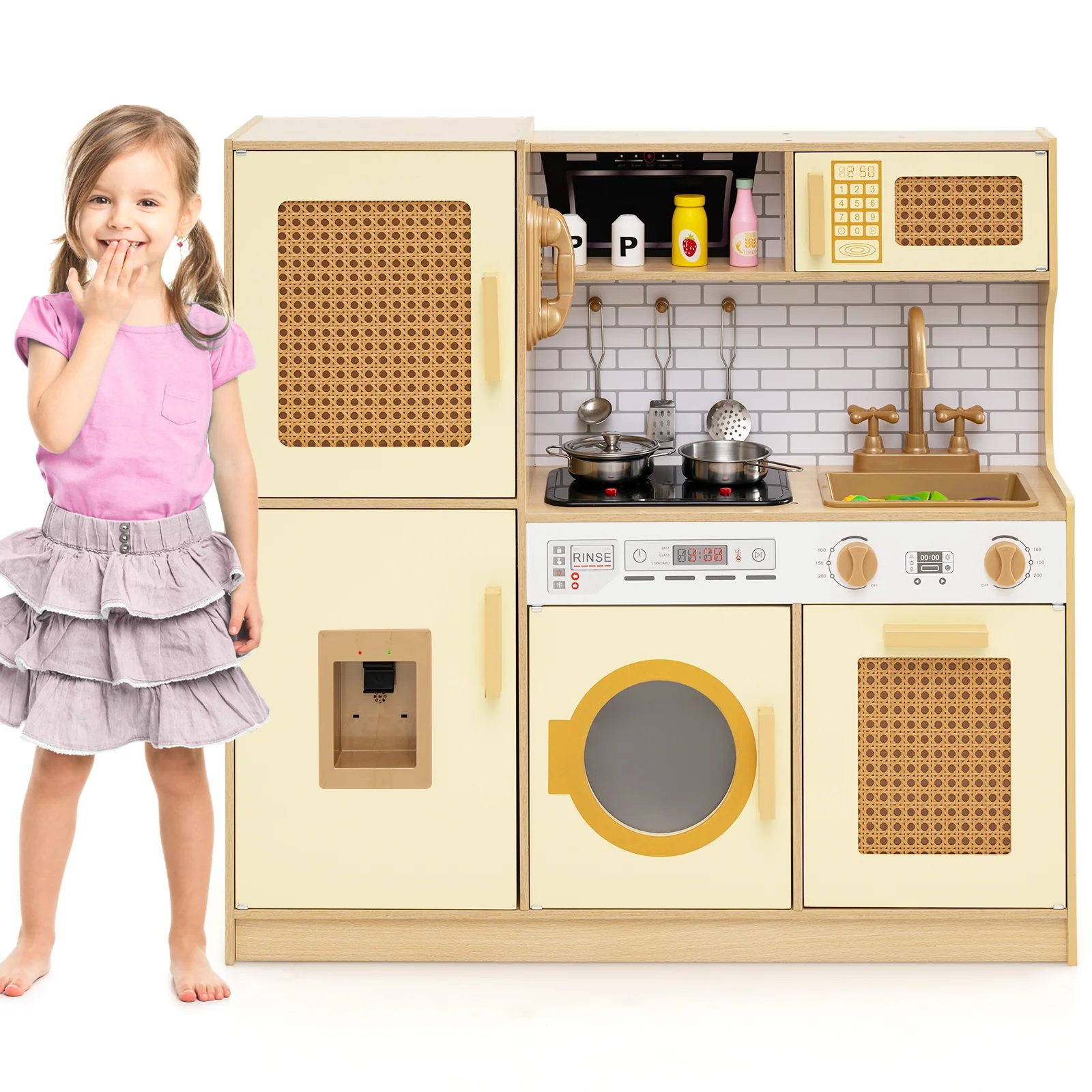 Kids Wooden Kitchen Playset With Lights, Sounds, Yellow - Image 5