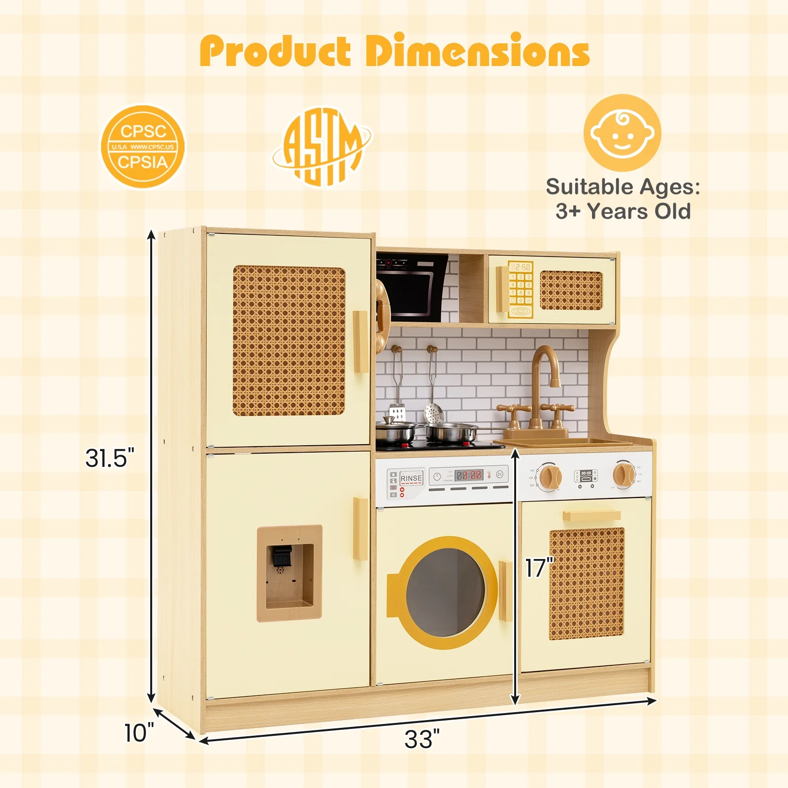 Kids Wooden Kitchen Playset With Lights, Sounds, Yellow - Image 6