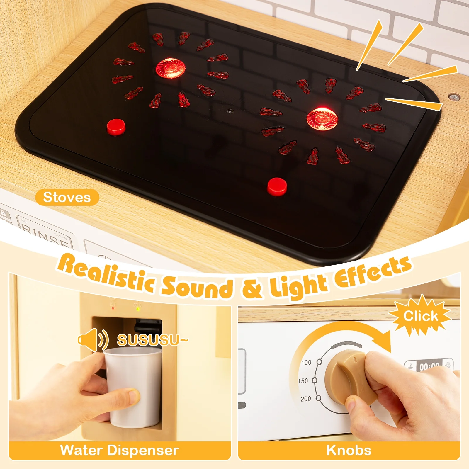 Kids Wooden Kitchen Playset With Lights, Sounds, Yellow - Image 7