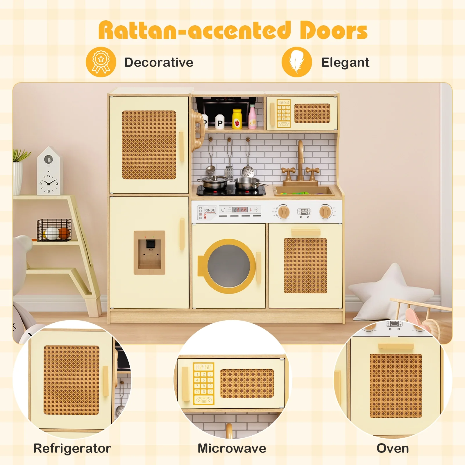 Kids Wooden Kitchen Playset With Lights, Sounds, Yellow - Image 8