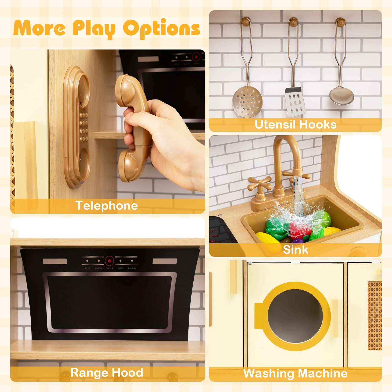 Kids Wooden Kitchen Playset With Lights, Sounds, Yellow - Image 9
