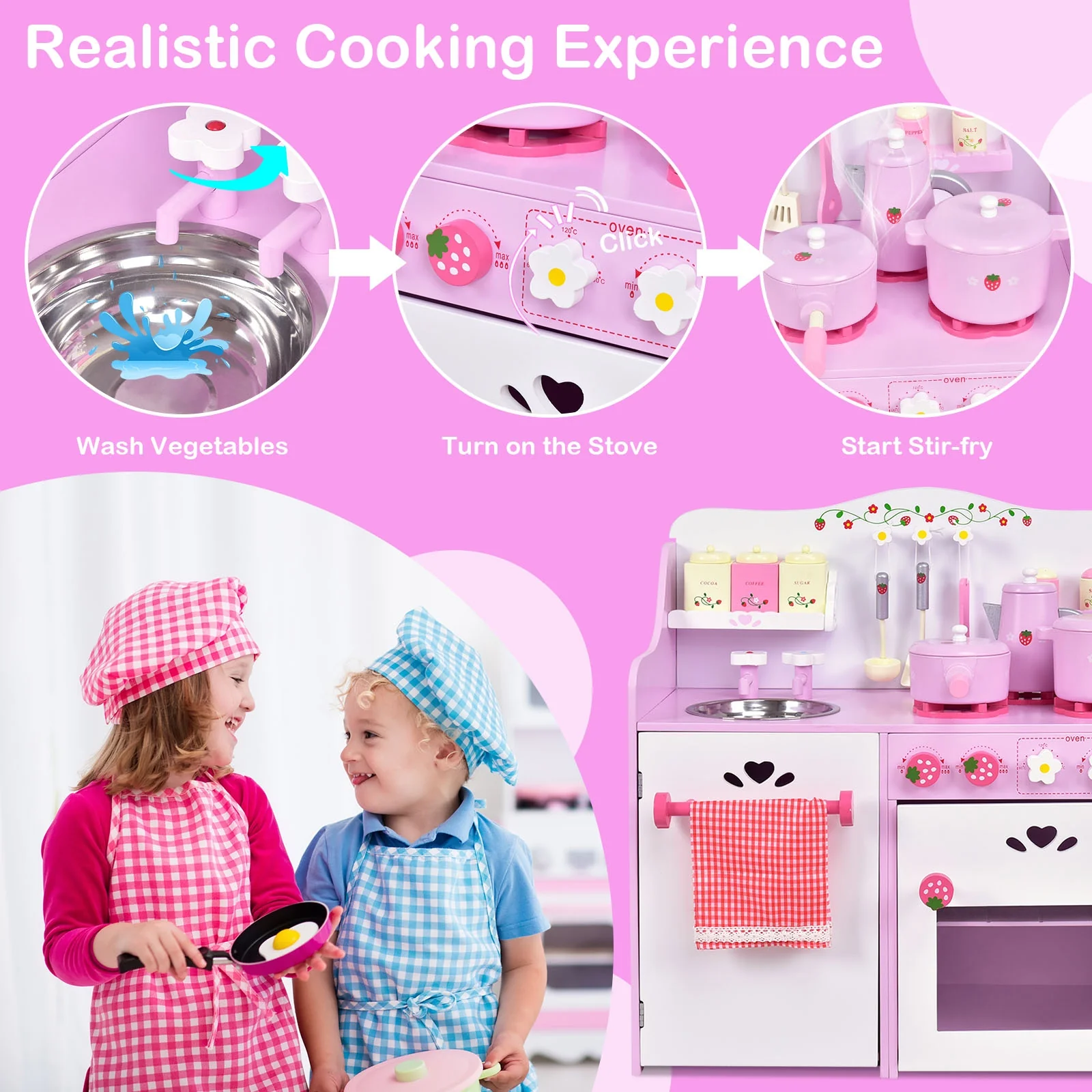 Kids Wooden Kitchen Toy Strawberry Pretend Cooking Playset - Image 10
