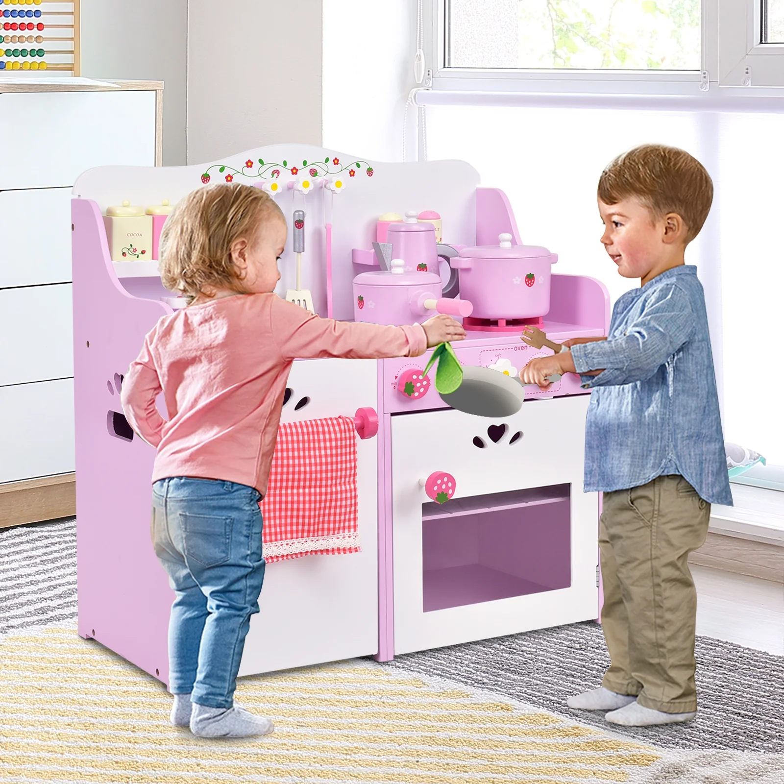 Kids Wooden Kitchen Toy Strawberry Pretend Cooking Playset - Image 2