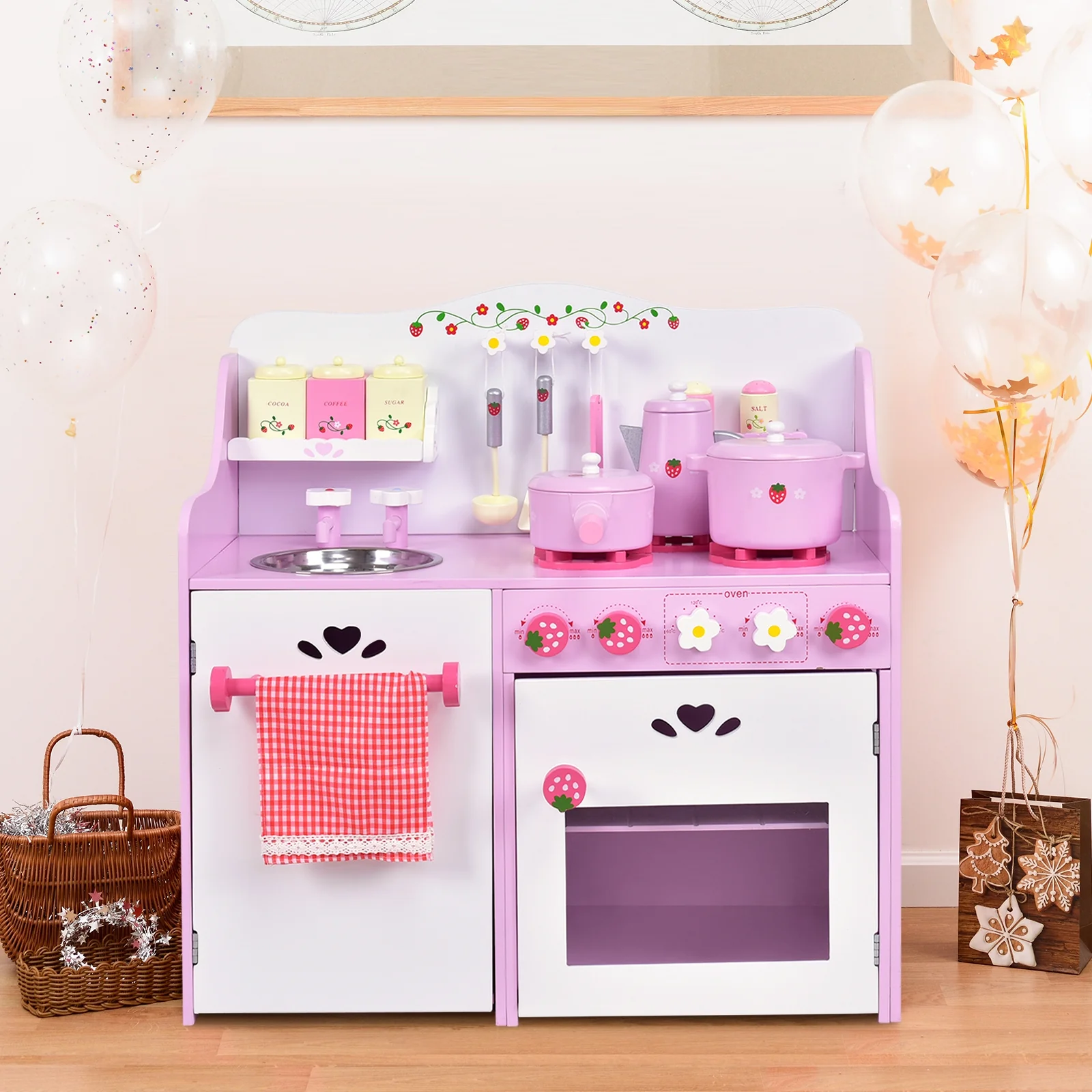 Kids Wooden Kitchen Toy Strawberry Pretend Cooking Playset - Image 3
