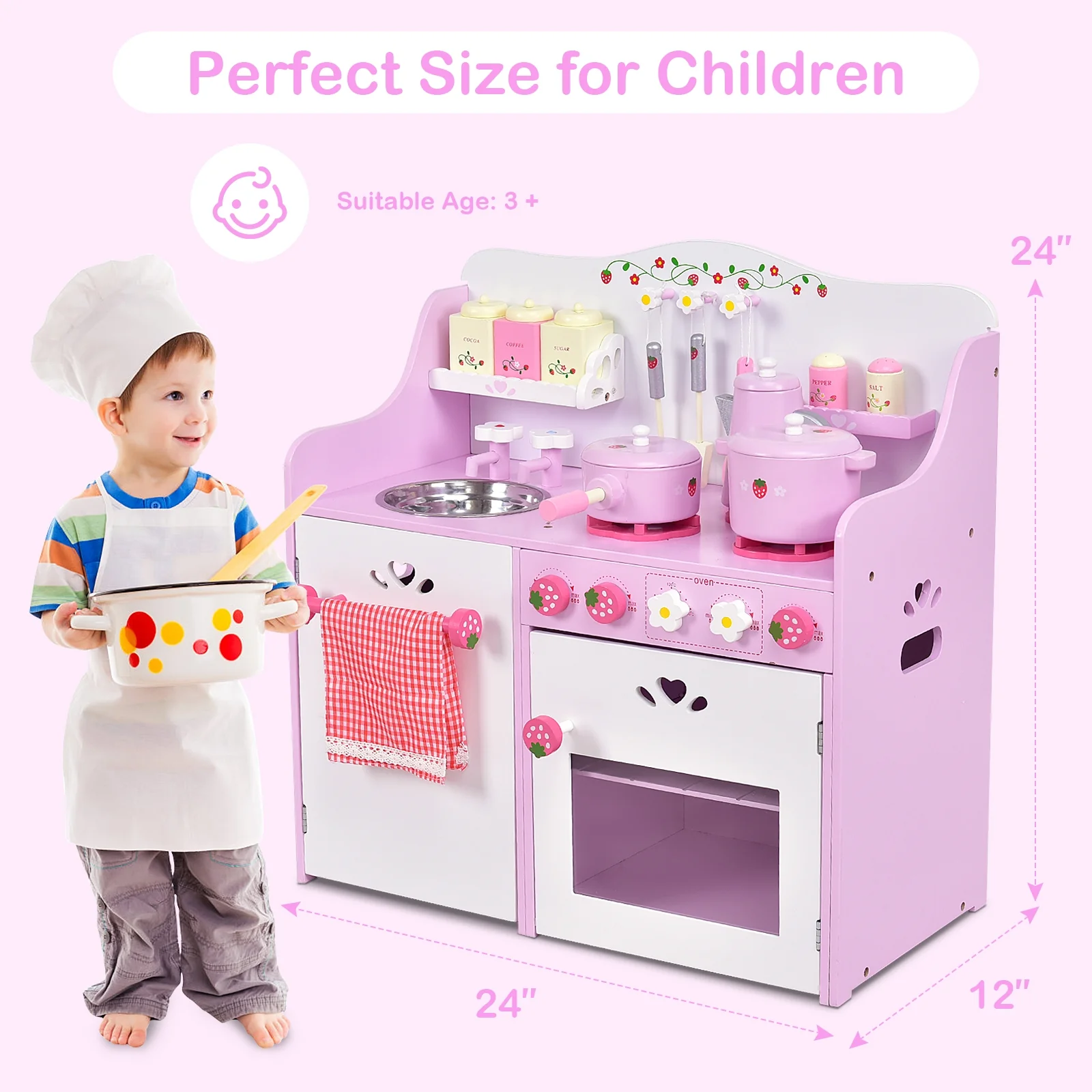 Kids Wooden Kitchen Toy Strawberry Pretend Cooking Playset - Image 5