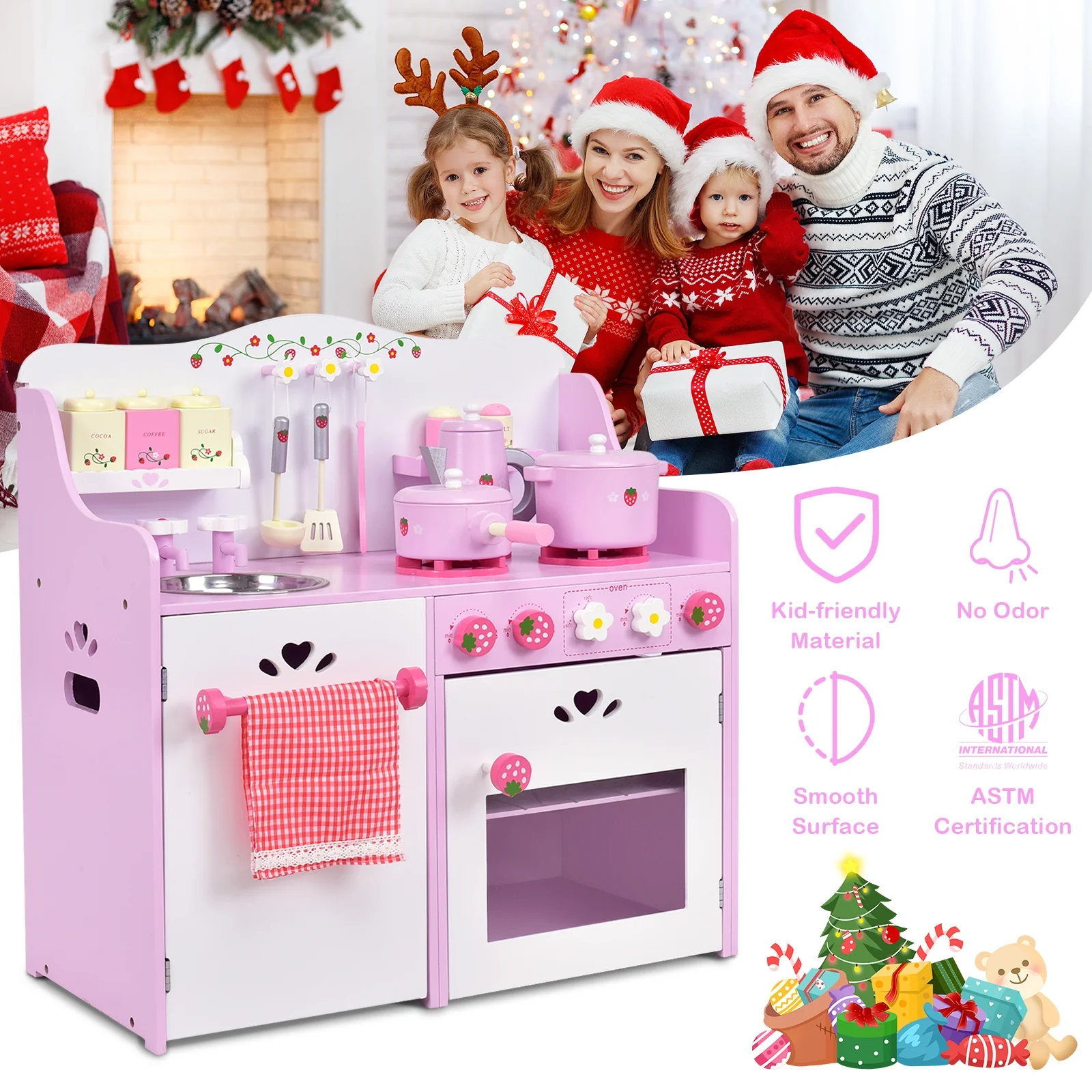 Kids Wooden Kitchen Toy Strawberry Pretend Cooking Playset - Image 6