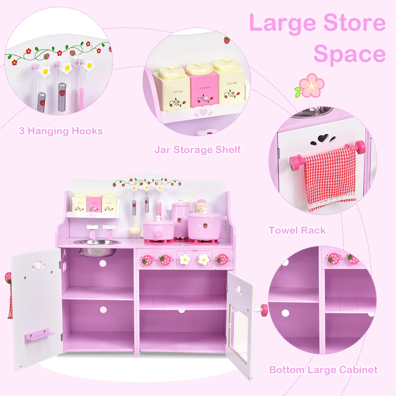 Kids Wooden Kitchen Toy Strawberry Pretend Cooking Playset - Image 8