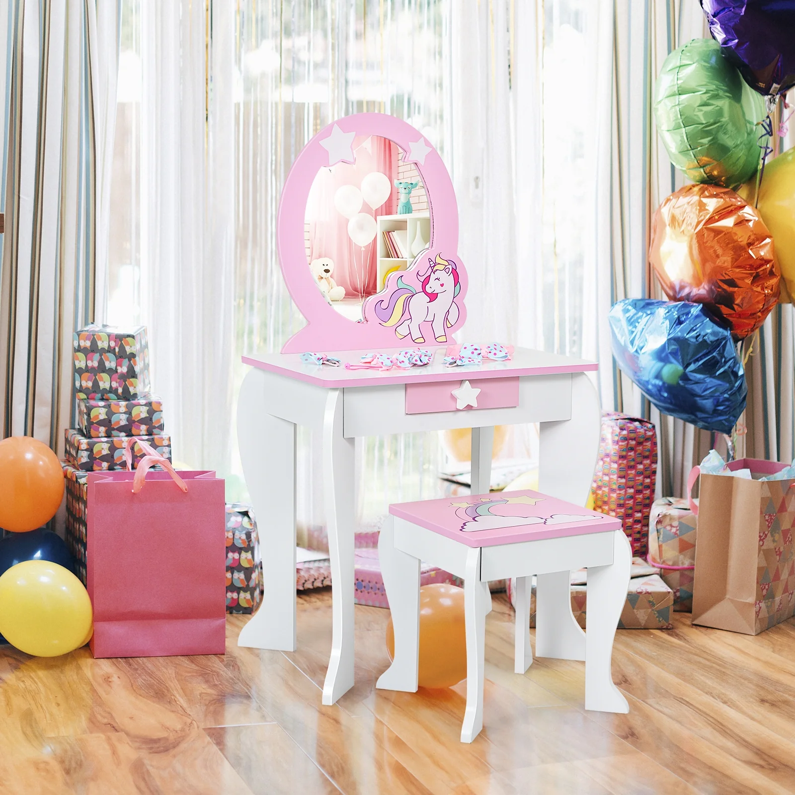 Kids Wooden Makeup Table And Chair Set, White - Image 2
