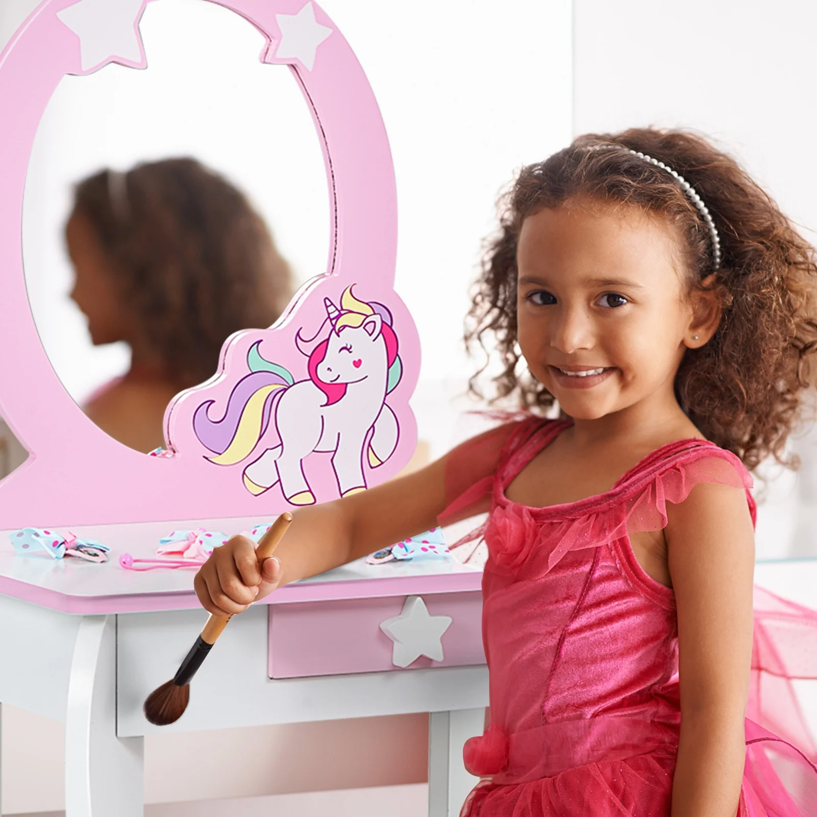 Kids Wooden Makeup Table And Chair Set, White - Image 3