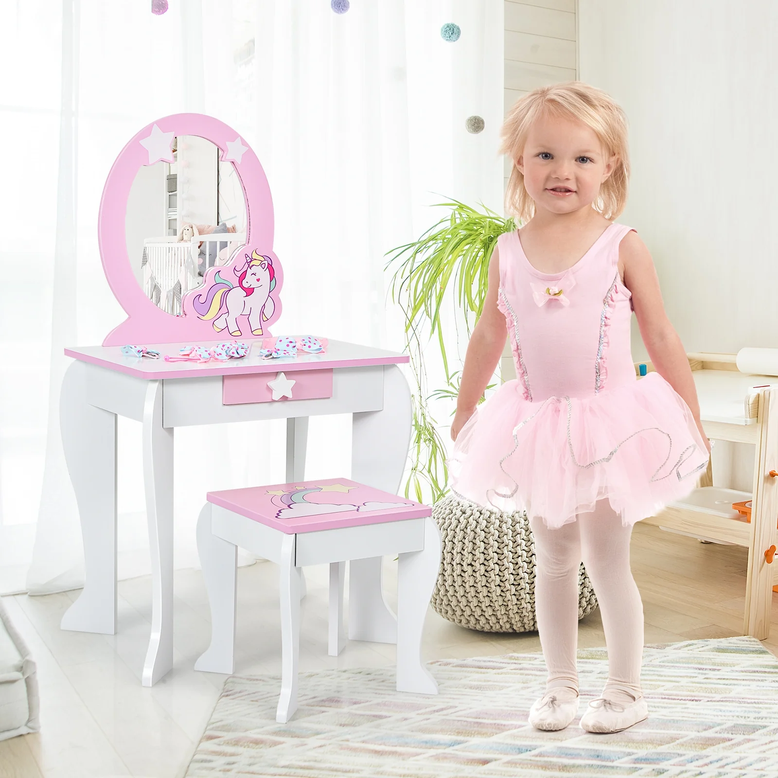 Kids Wooden Makeup Table And Chair Set, White - Image 7