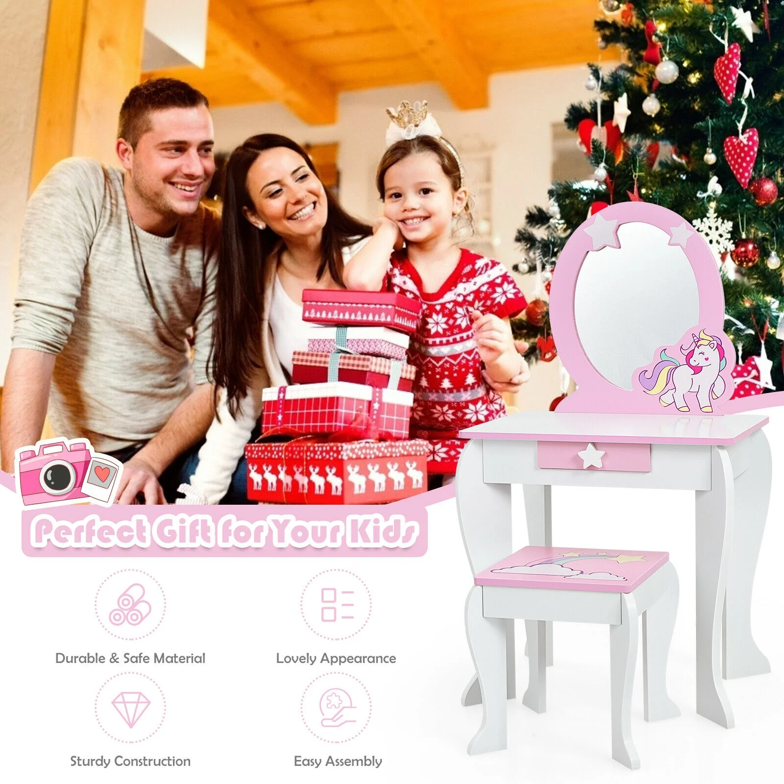 Kids Wooden Makeup Table And Chair Set, White - Image 9