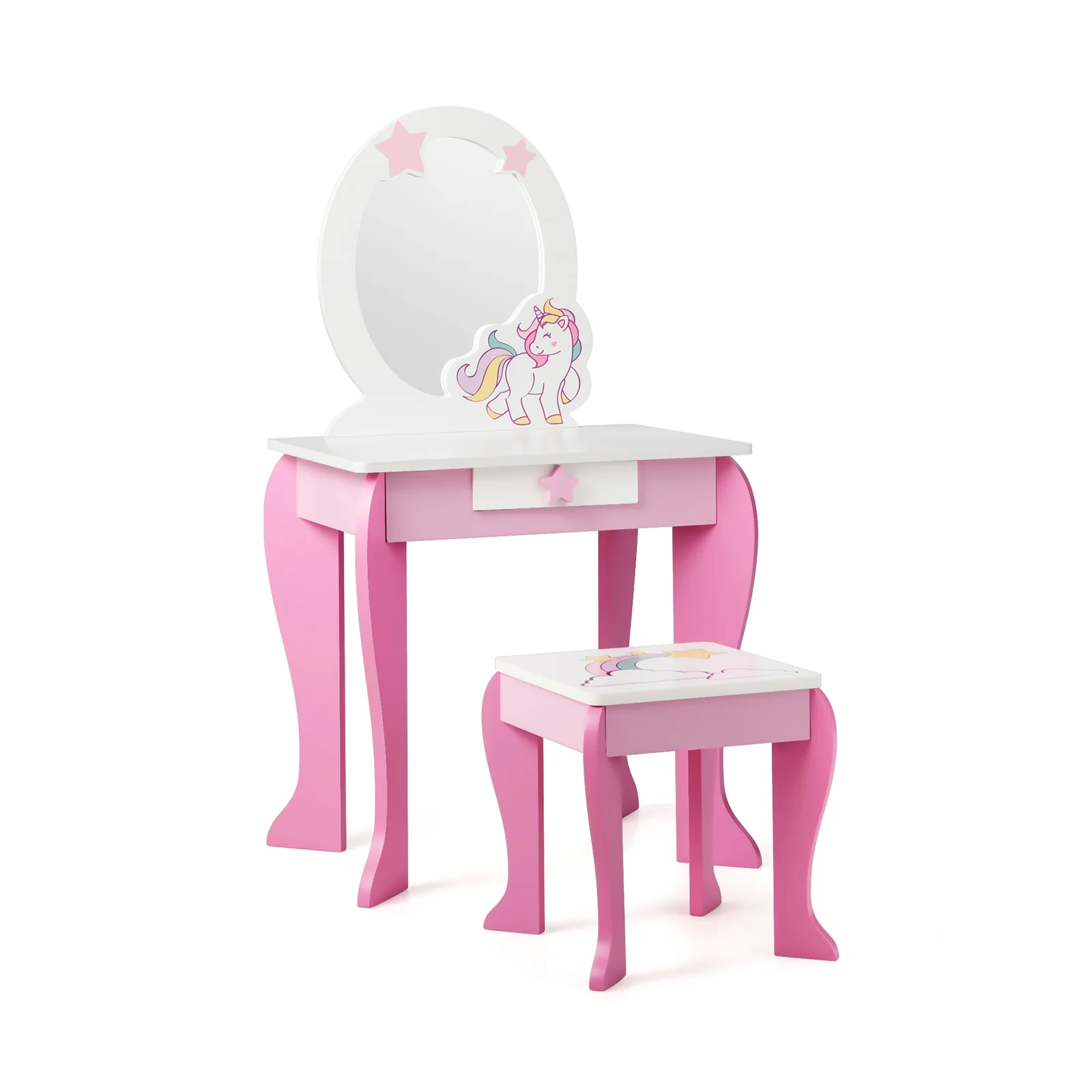 Kids Wooden Makeup Table And Chair Set, With Mirror And Drawer, Pink