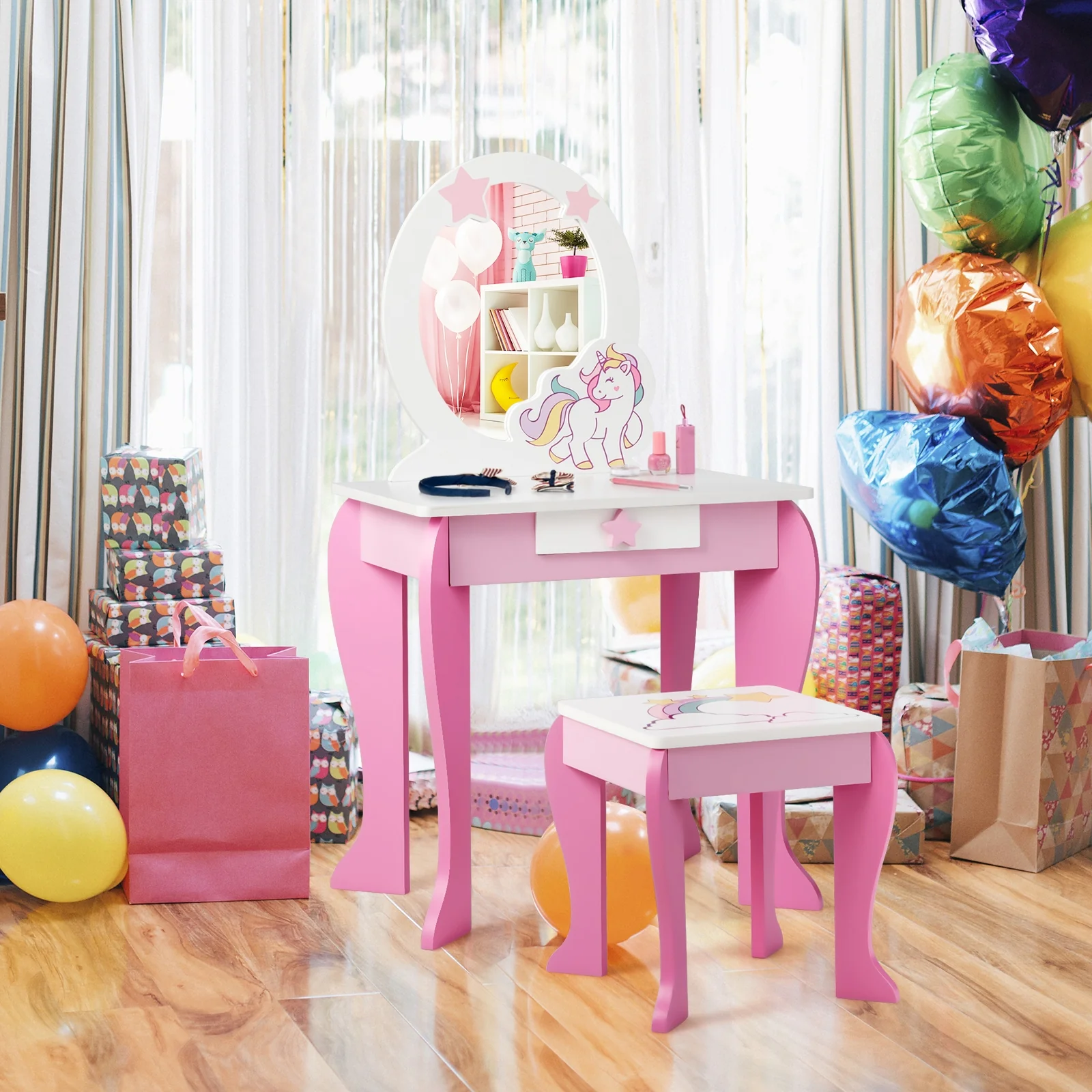 Kids Wooden Makeup Table And Chair Set, With Mirror And Drawer, Pink - Image 2