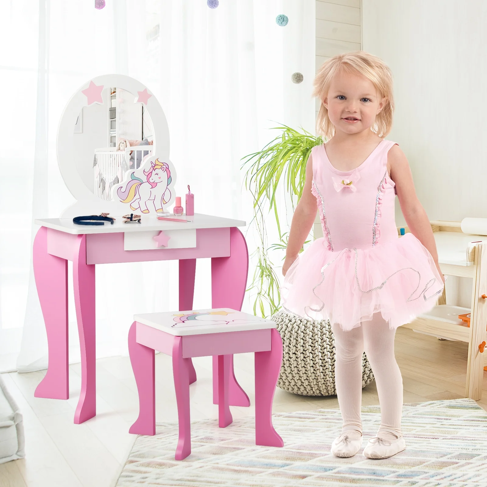 Kids Wooden Makeup Table And Chair Set, With Mirror And Drawer, Pink - Image 3