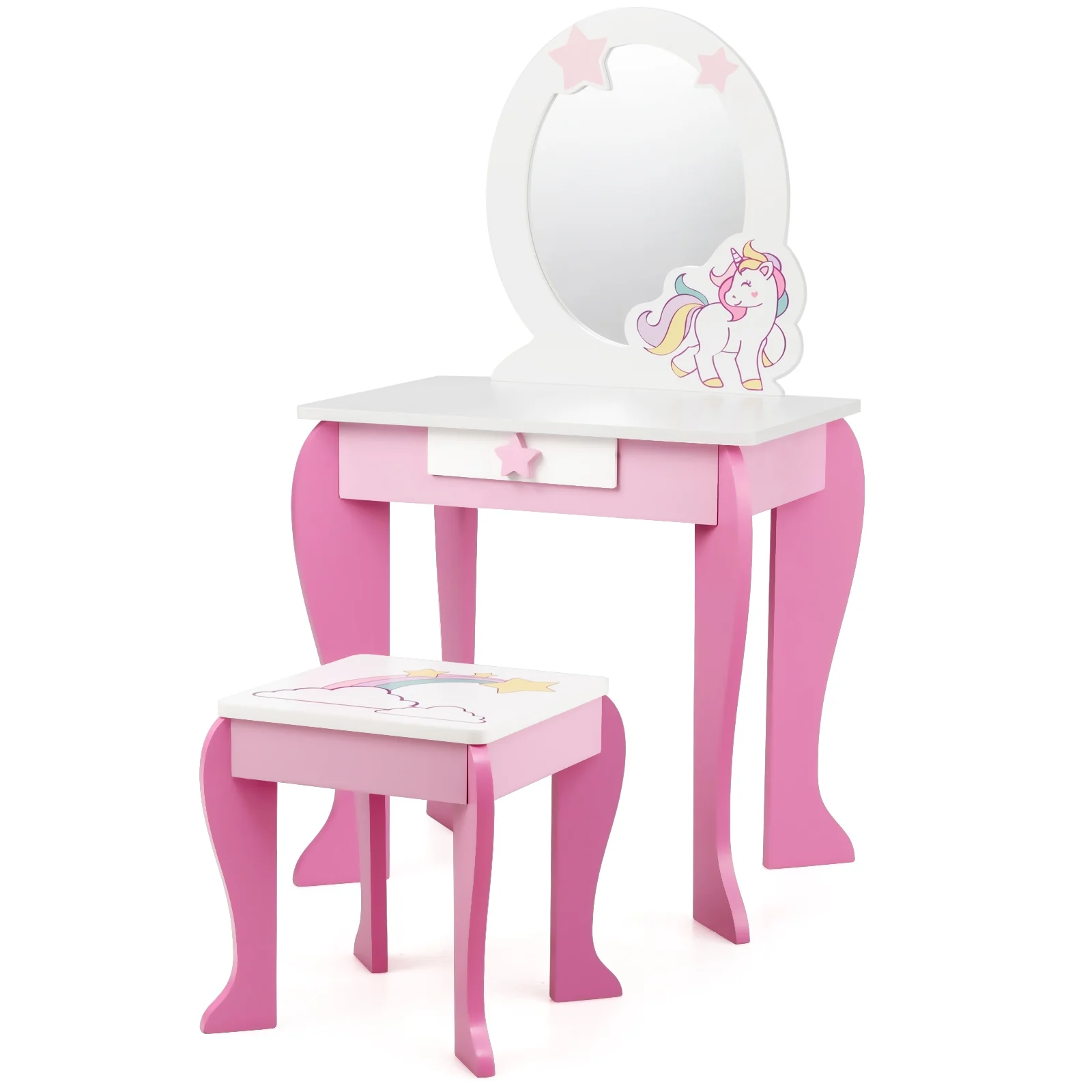 Kids Wooden Makeup Table And Chair Set, With Mirror And Drawer, Pink - Image 5