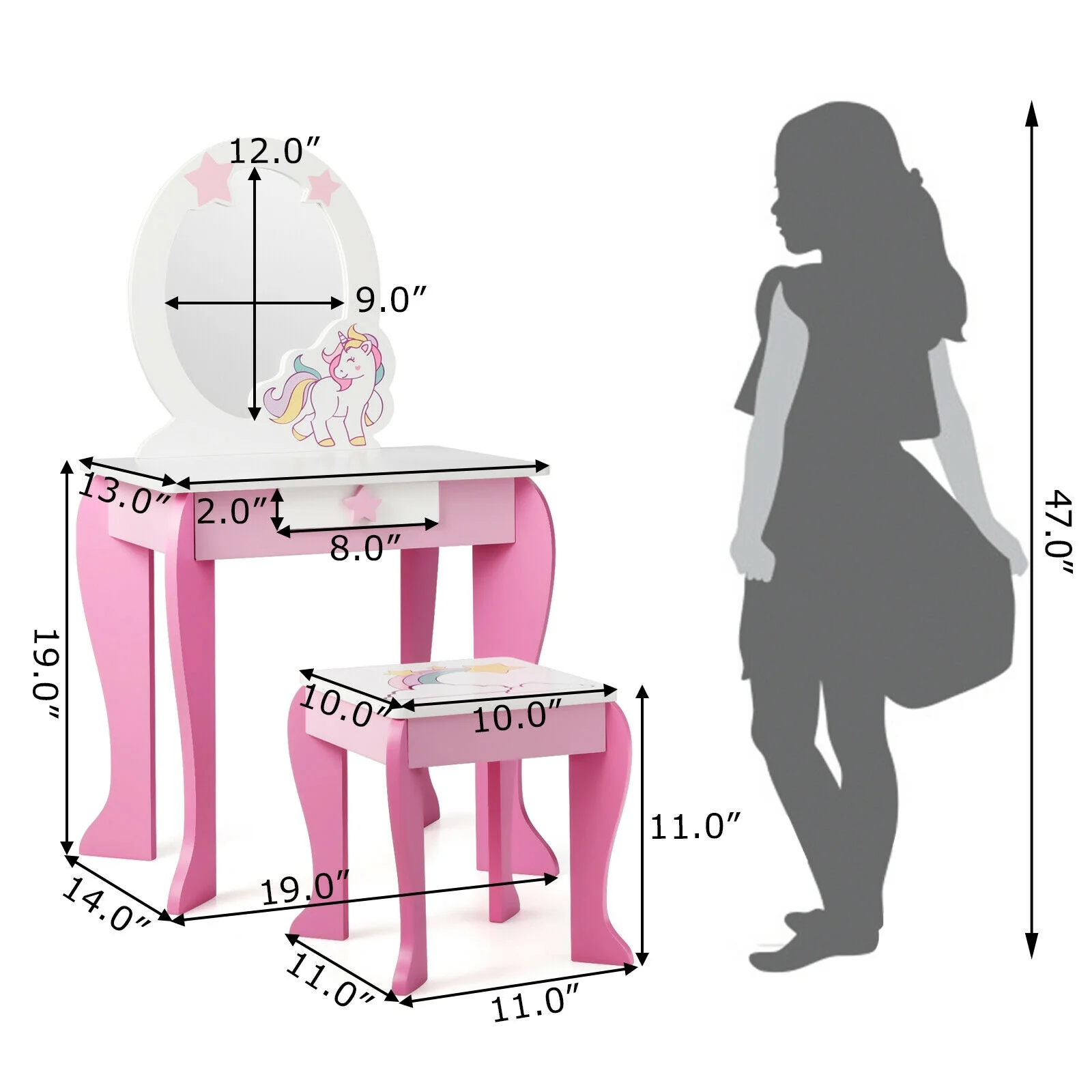 Kids Wooden Makeup Table And Chair Set, With Mirror And Drawer, Pink - Image 6