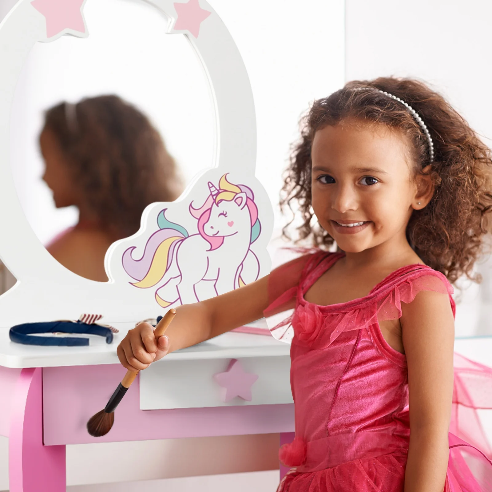 Kids Wooden Makeup Table And Chair Set, With Mirror And Drawer, Pink - Image 7