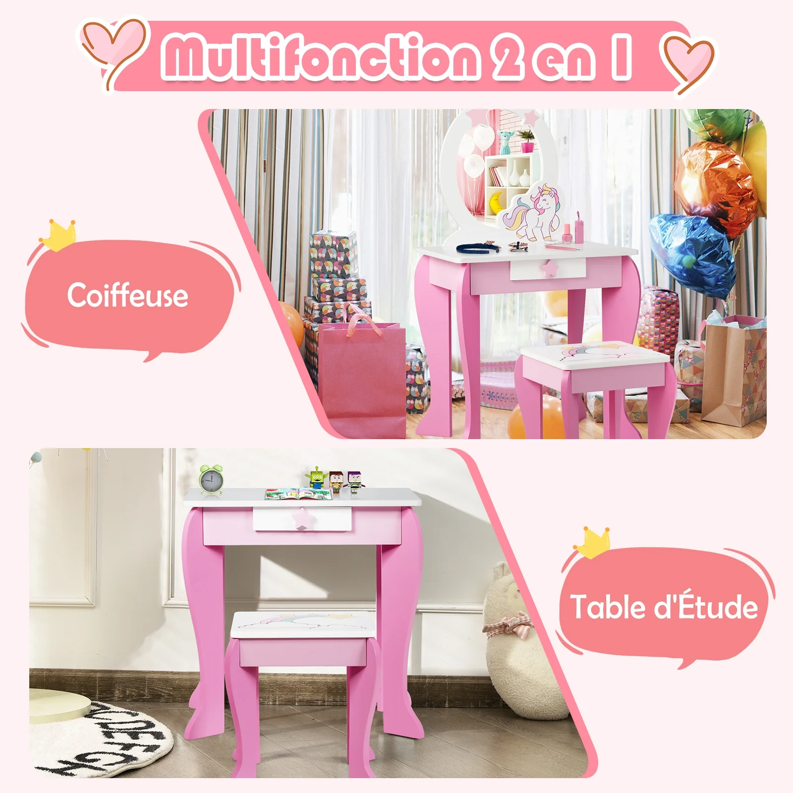 Kids Wooden Makeup Table And Chair Set, With Mirror And Drawer, Pink - Image 8
