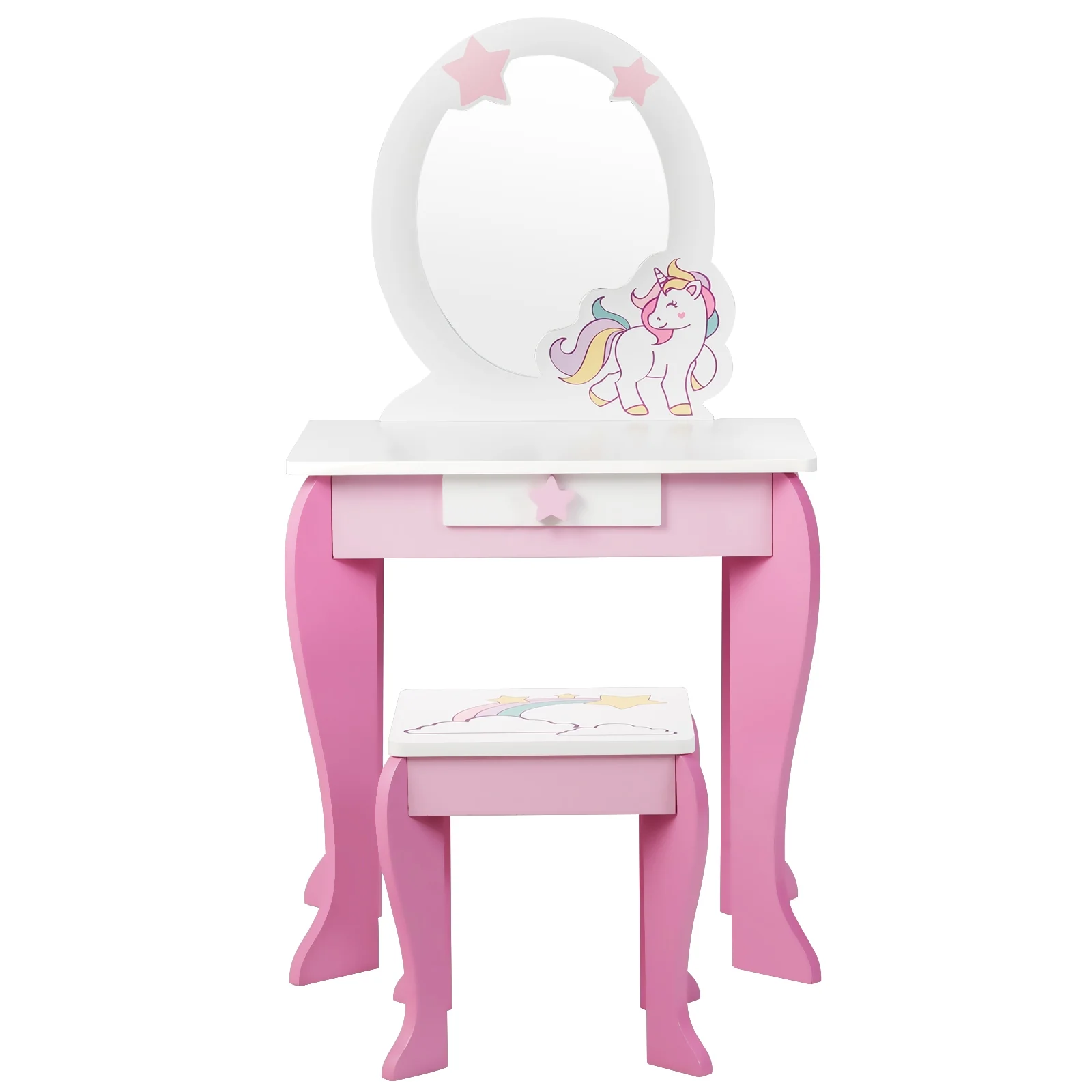 Kids Wooden Makeup Table And Chair Set, With Mirror And Drawer, Pink - Image 9