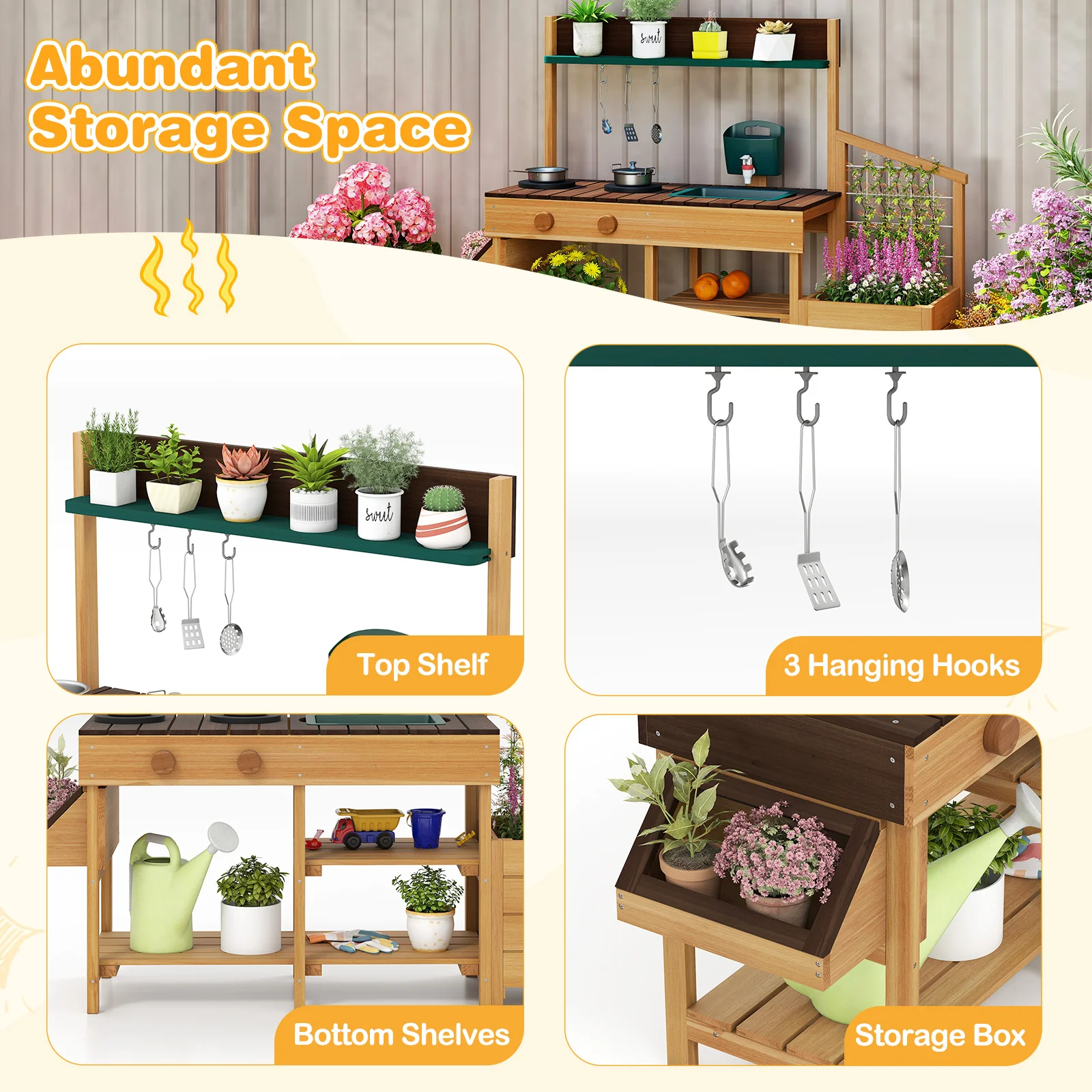 Kids Wooden Play Kitchen, Pretend Mud Kitchen, Brown - Image 10