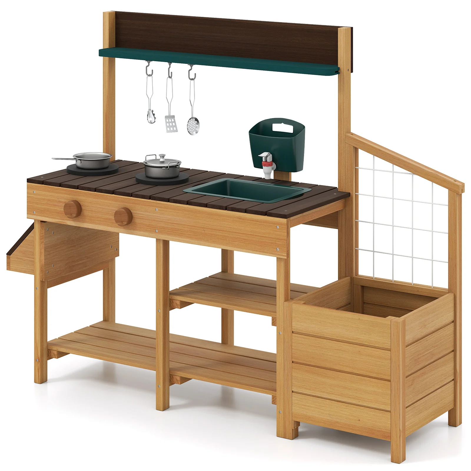 Kids Wooden Play Kitchen, Pretend Mud Kitchen, Brown - Image 3