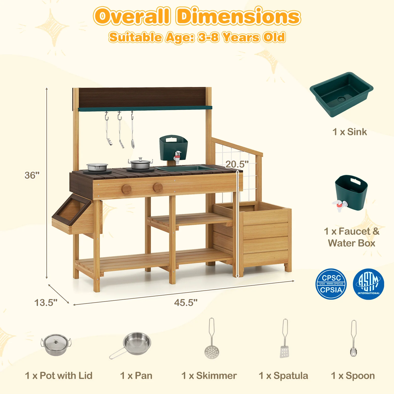 Kids Wooden Play Kitchen, Pretend Mud Kitchen, Brown - Image 5
