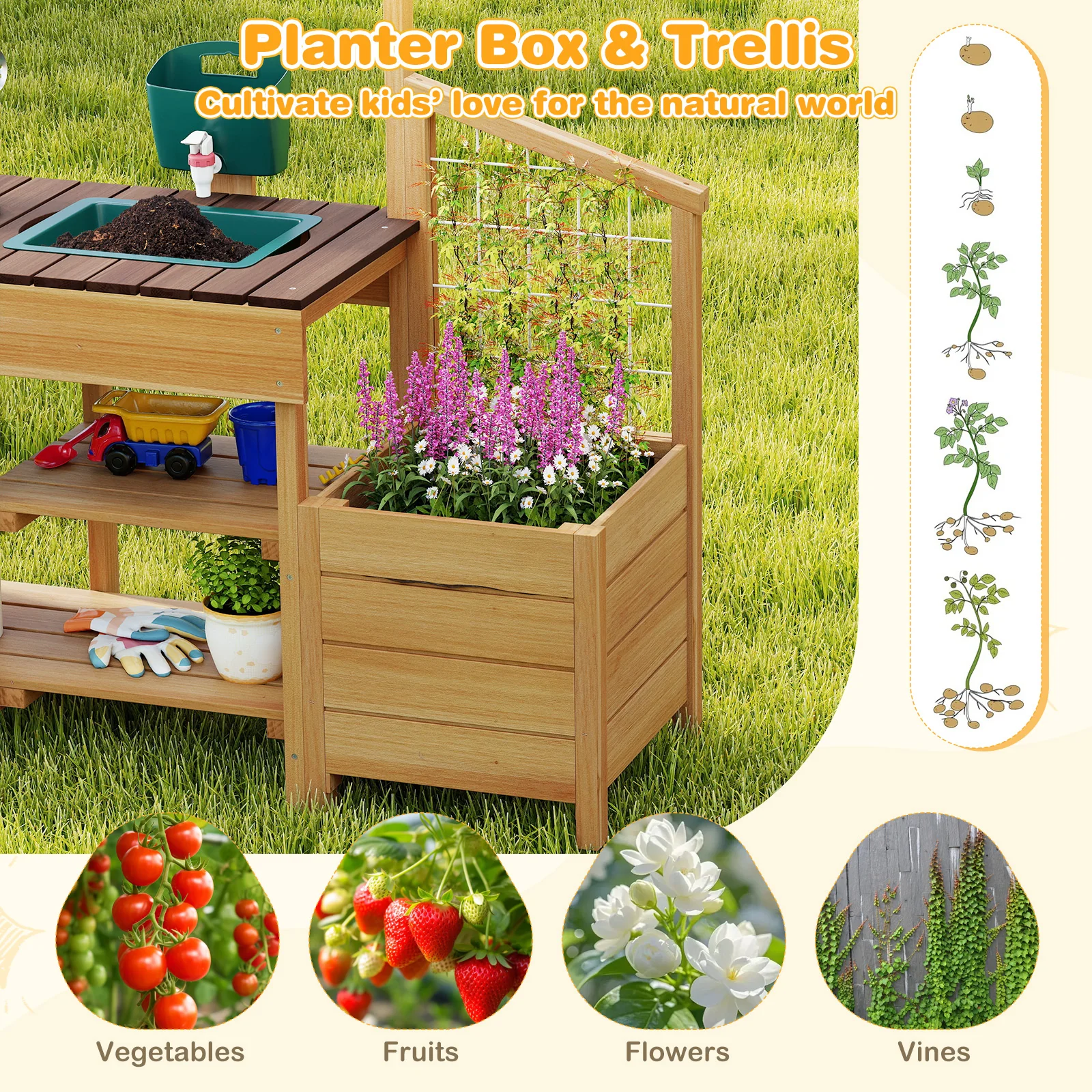 Kids Wooden Play Kitchen, Pretend Mud Kitchen, Brown - Image 8