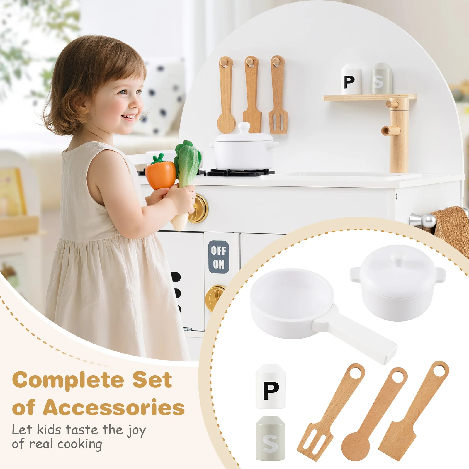 Kids Wooden Play Kitchen Set, White - Image 10