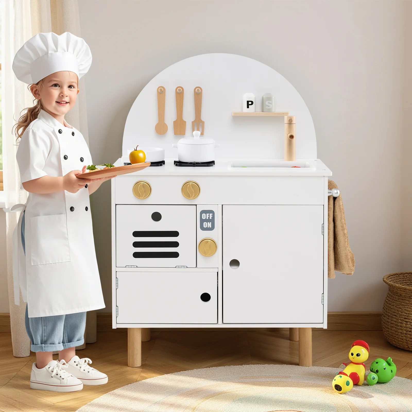 Kids Wooden Play Kitchen Set, White - Image 2