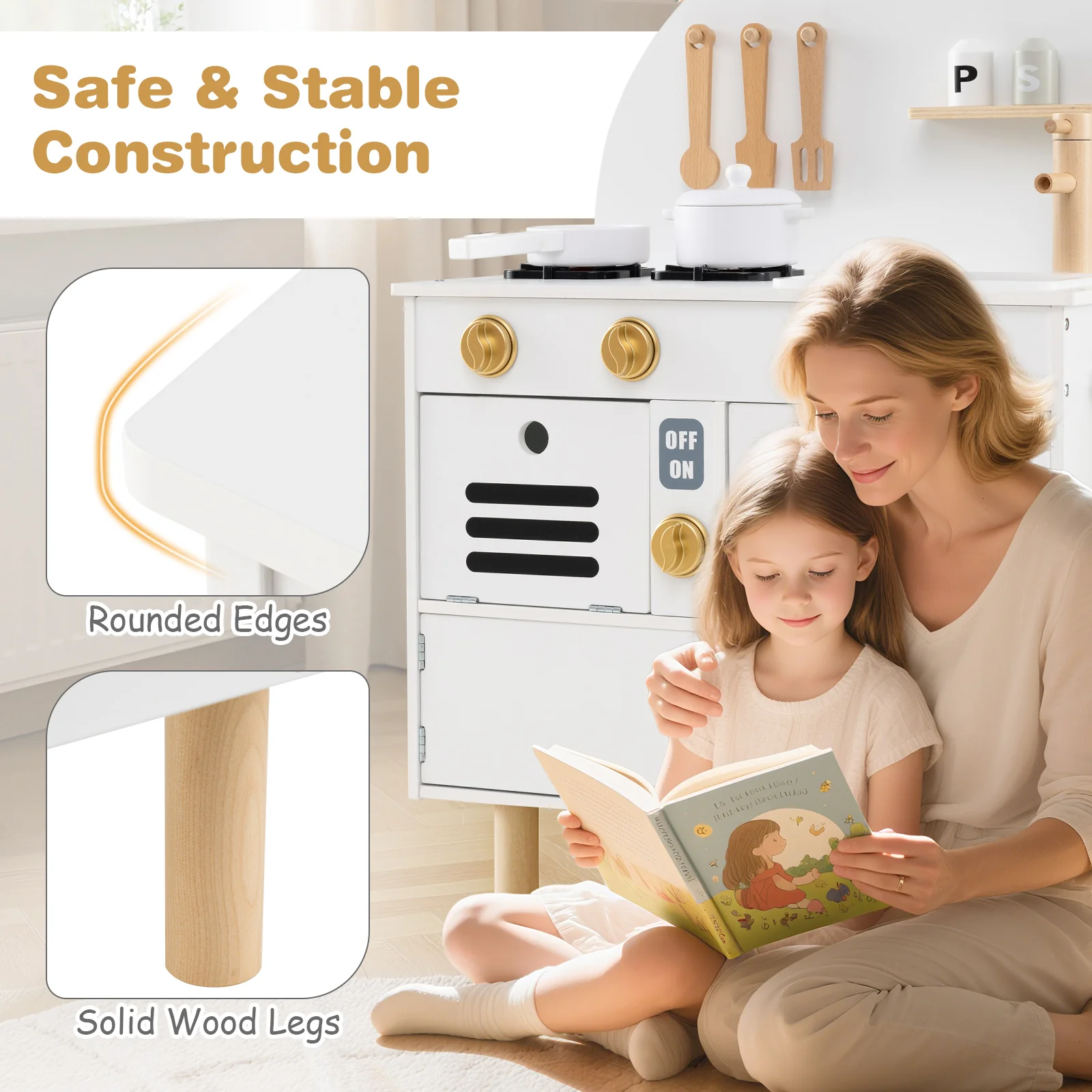 Kids Wooden Play Kitchen Set, White - Image 9