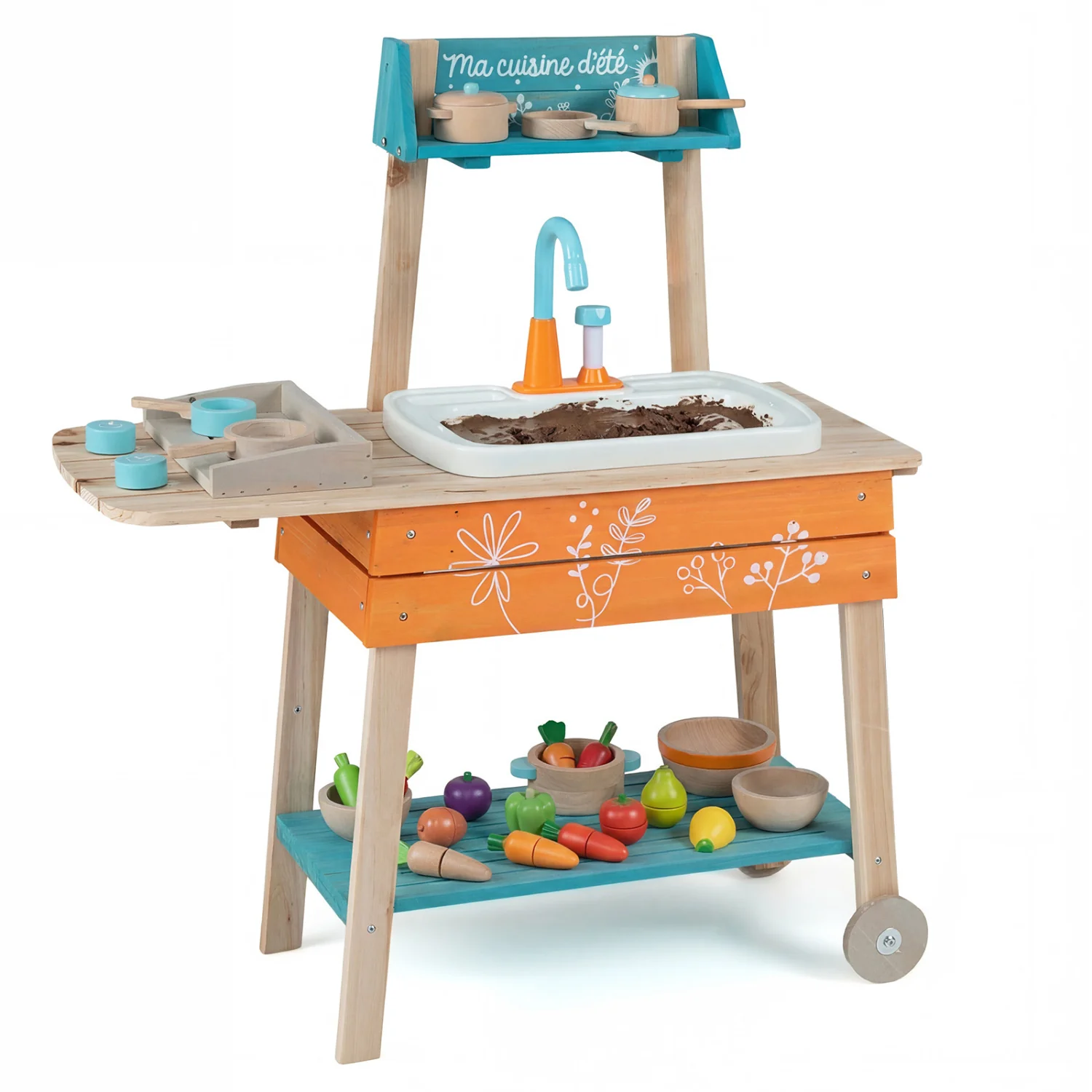 Kids Wooden Play Kitchen Set with Removable Sink, Orange