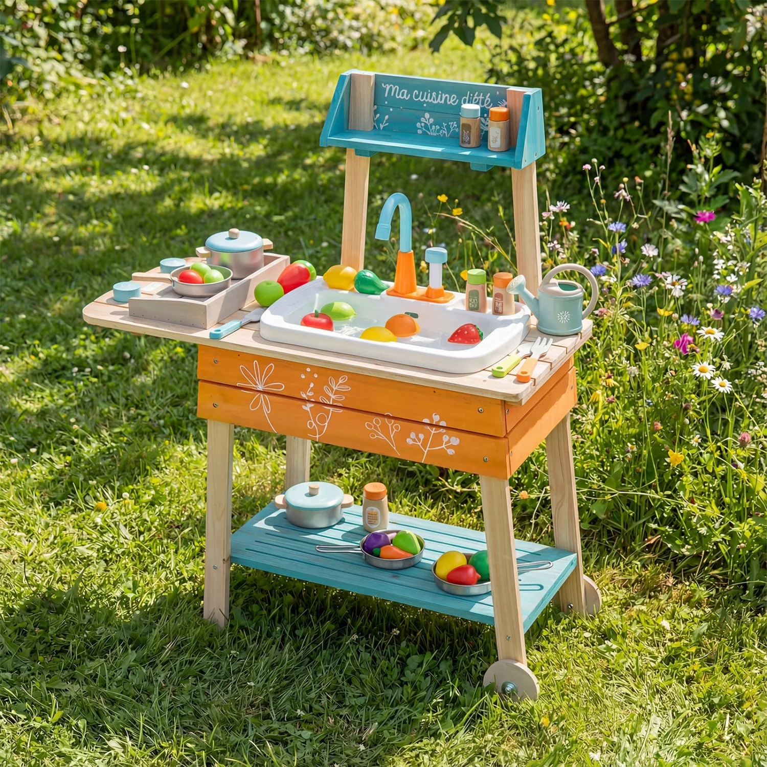Kids Wooden Play Kitchen Set with Removable Sink, Orange - Image 2