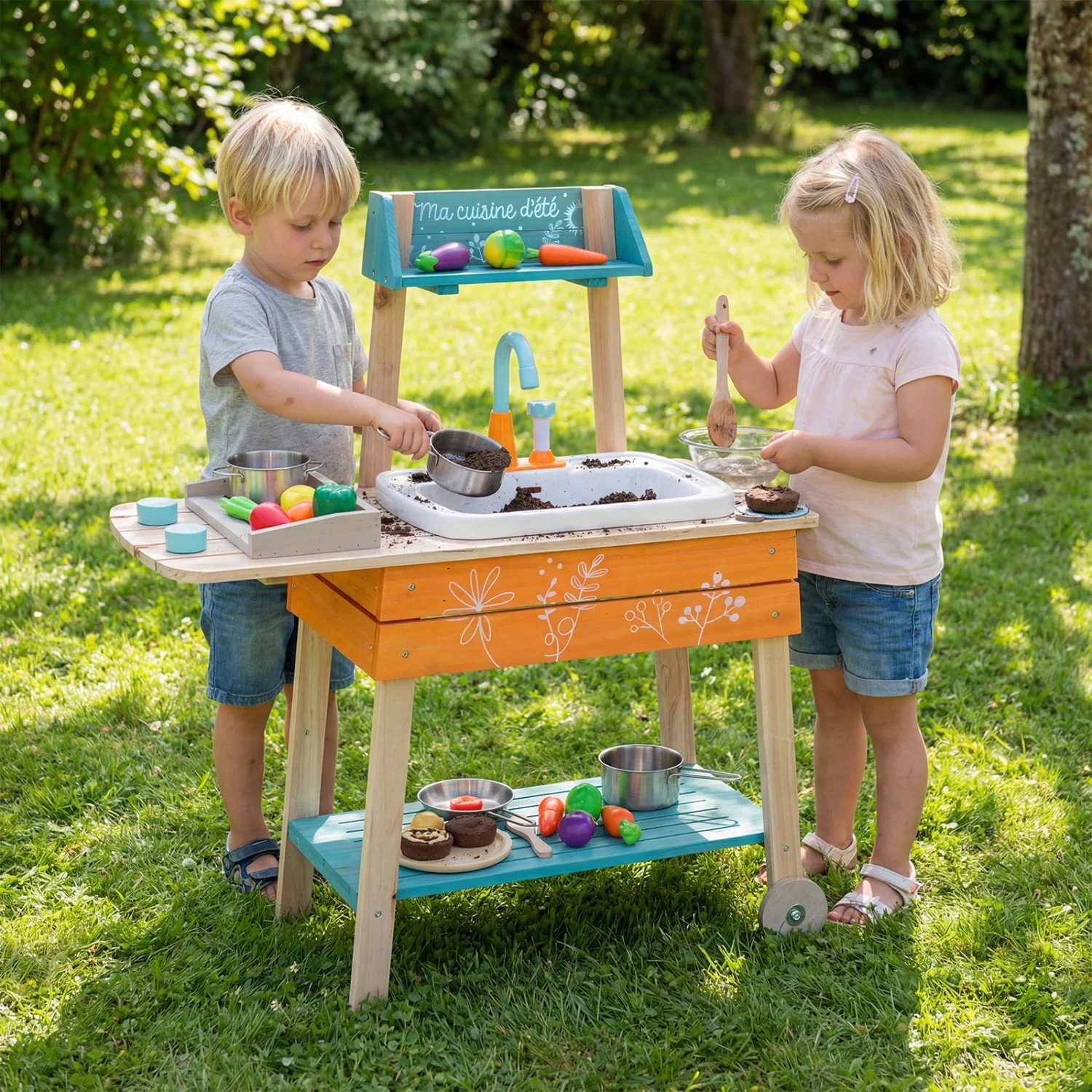 Kids Wooden Play Kitchen Set with Removable Sink, Orange - Image 3