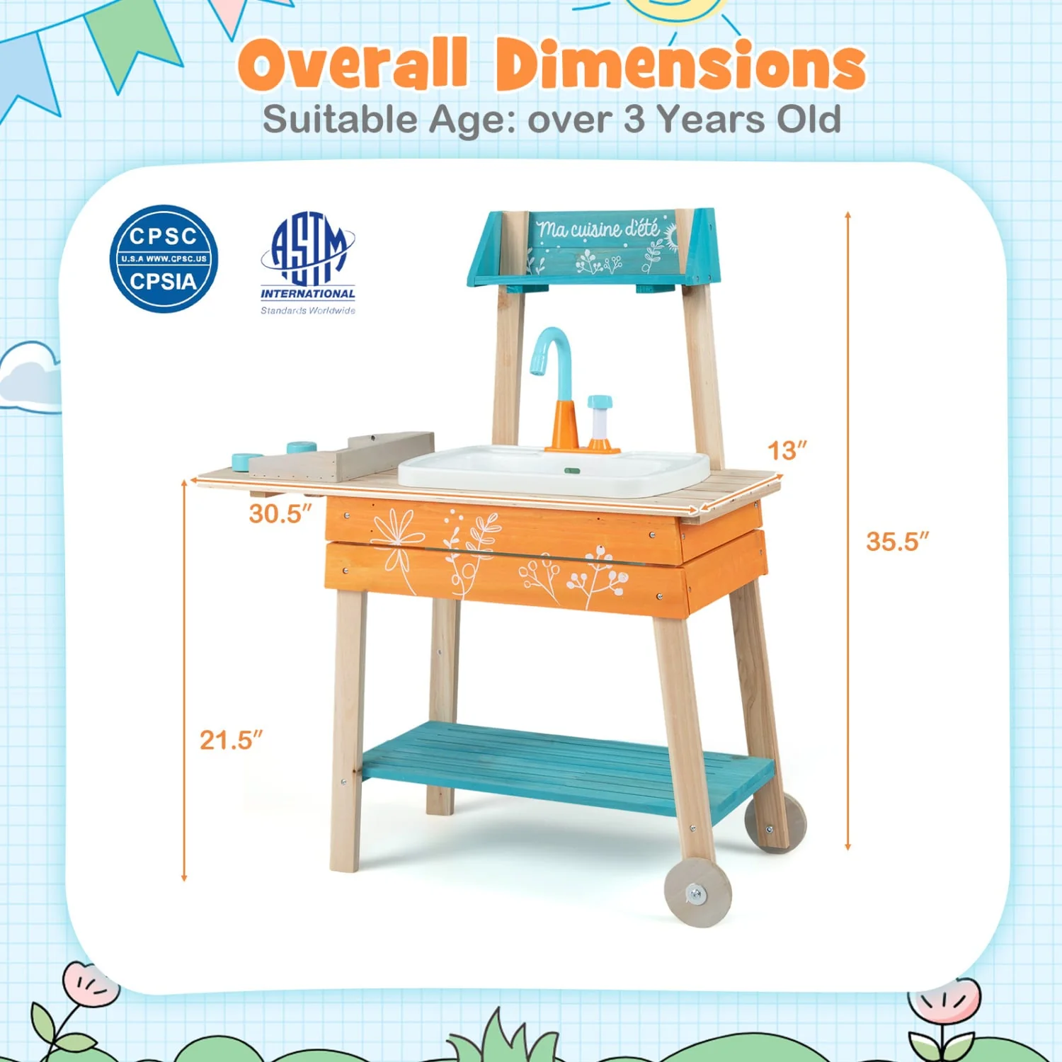 Kids Wooden Play Kitchen Set with Removable Sink, Orange - Image 5
