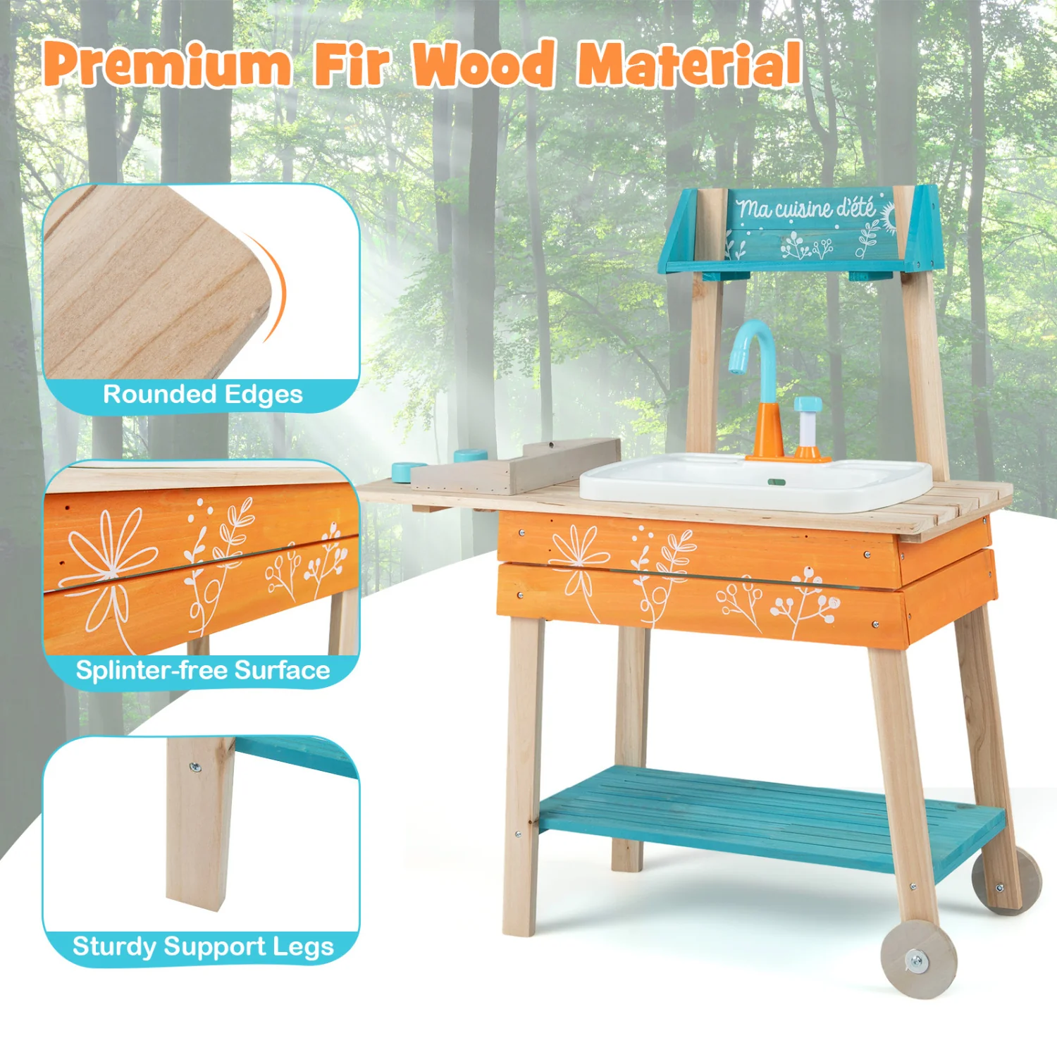 Kids Wooden Play Kitchen Set with Removable Sink, Orange - Image 9