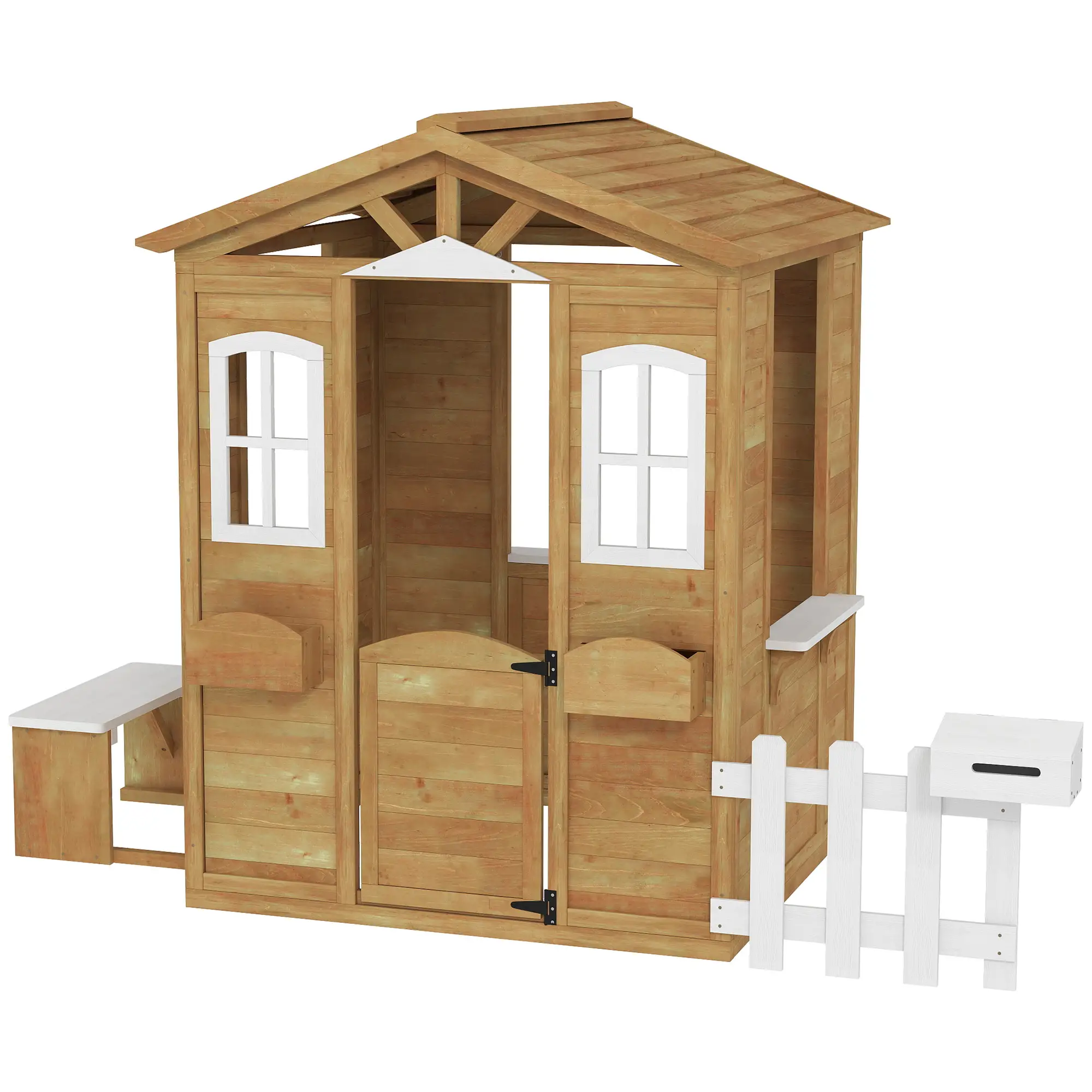 Kids Wooden Playhouse, Door Windows, Mailbox, Flower Pot, Bench, Yellow