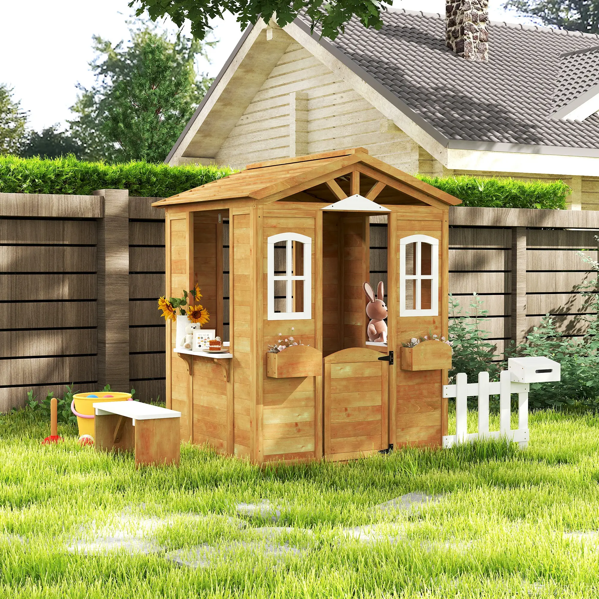 Kids Wooden Playhouse, Door Windows, Mailbox, Flower Pot, Bench, Yellow - Image 10