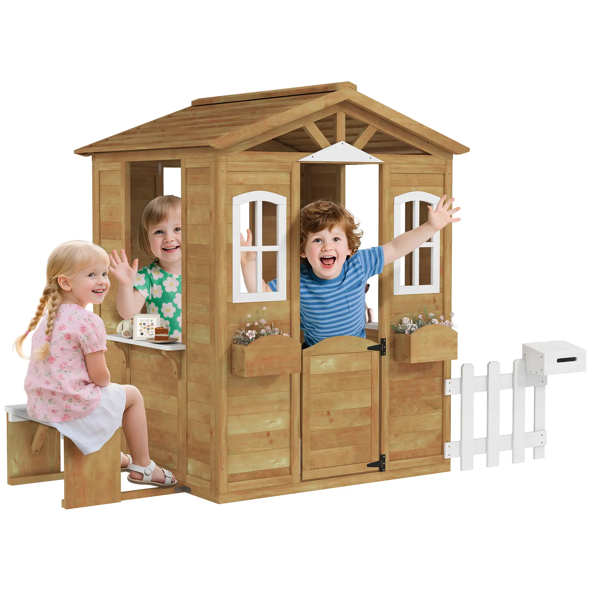 Kids Wooden Playhouse, Door Windows, Mailbox, Flower Pot, Bench, Yellow - Image 11