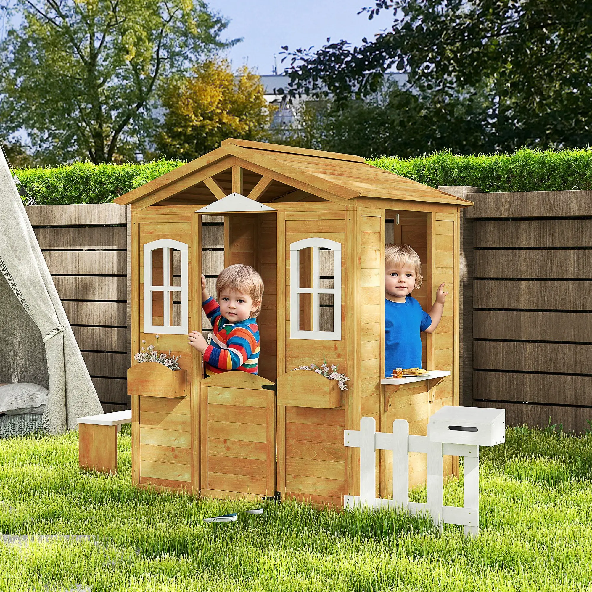 Kids Wooden Playhouse, Door Windows, Mailbox, Flower Pot, Bench, Yellow - Image 2