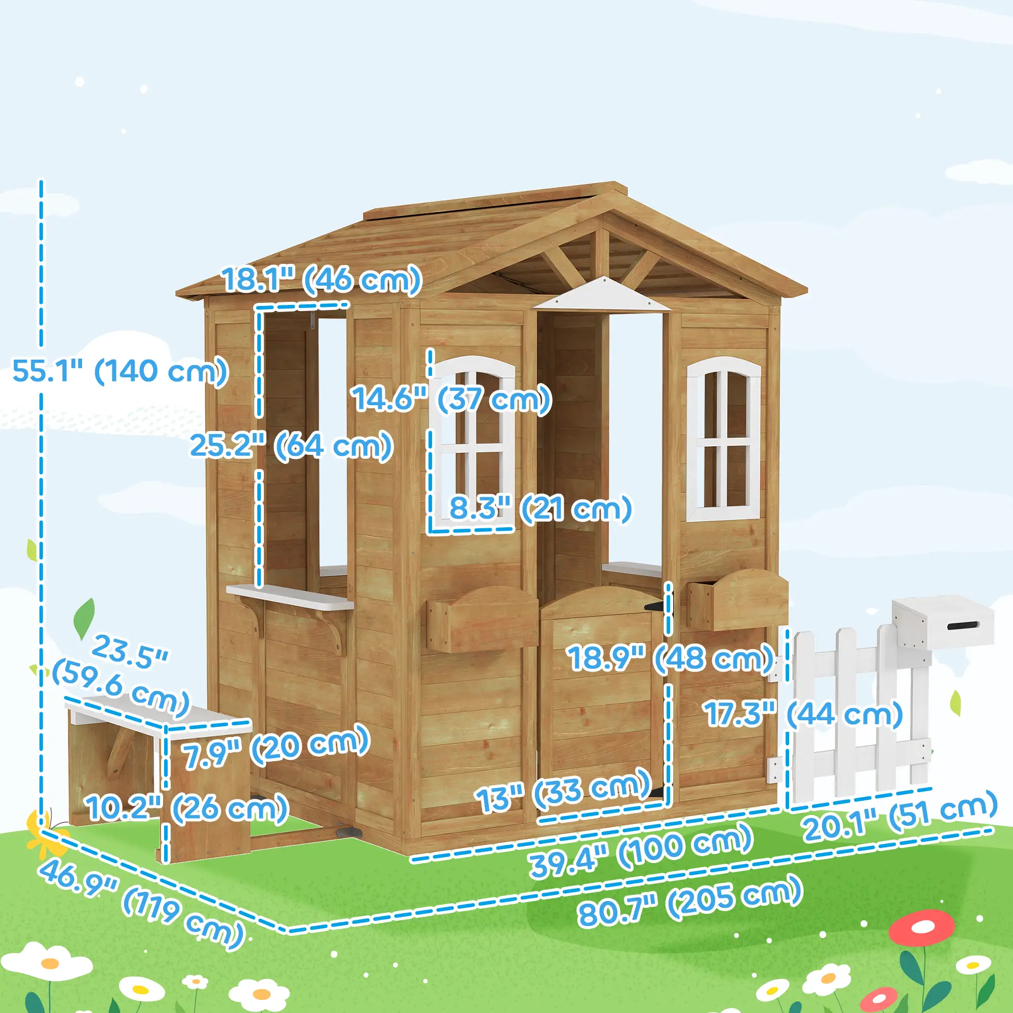 Kids Wooden Playhouse, Door Windows, Mailbox, Flower Pot, Bench, Yellow - Image 3