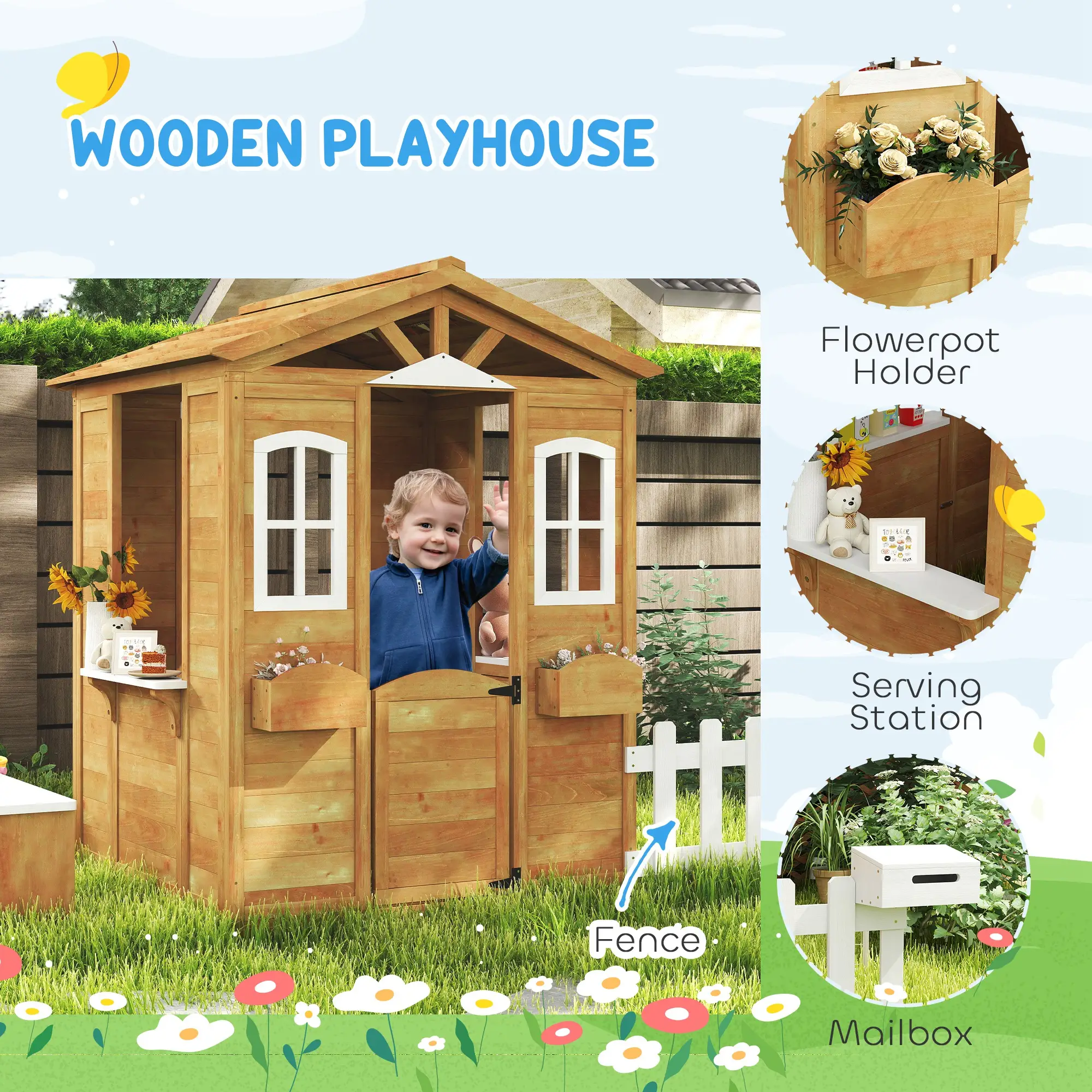 Kids Wooden Playhouse, Door Windows, Mailbox, Flower Pot, Bench, Yellow - Image 4