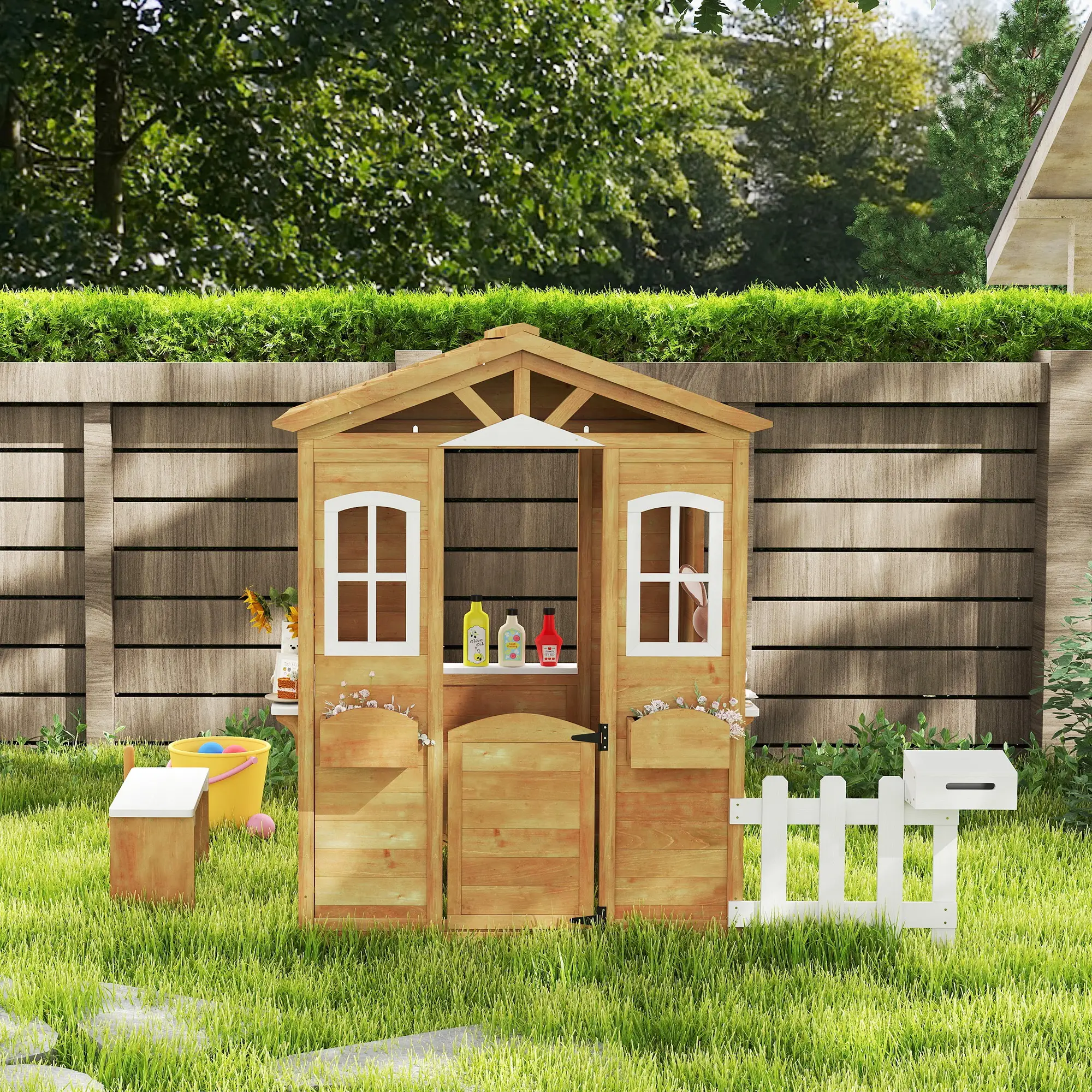Kids Wooden Playhouse, Door Windows, Mailbox, Flower Pot, Bench, Yellow - Image 7