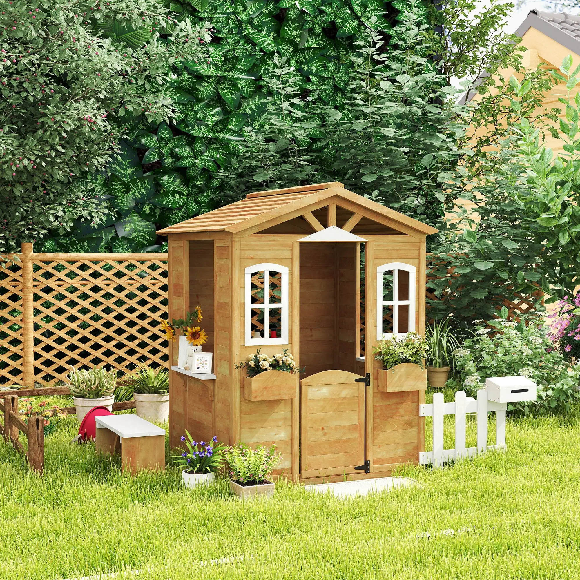 Kids Wooden Playhouse, Door Windows, Mailbox, Flower Pot, Bench, Yellow - Image 8
