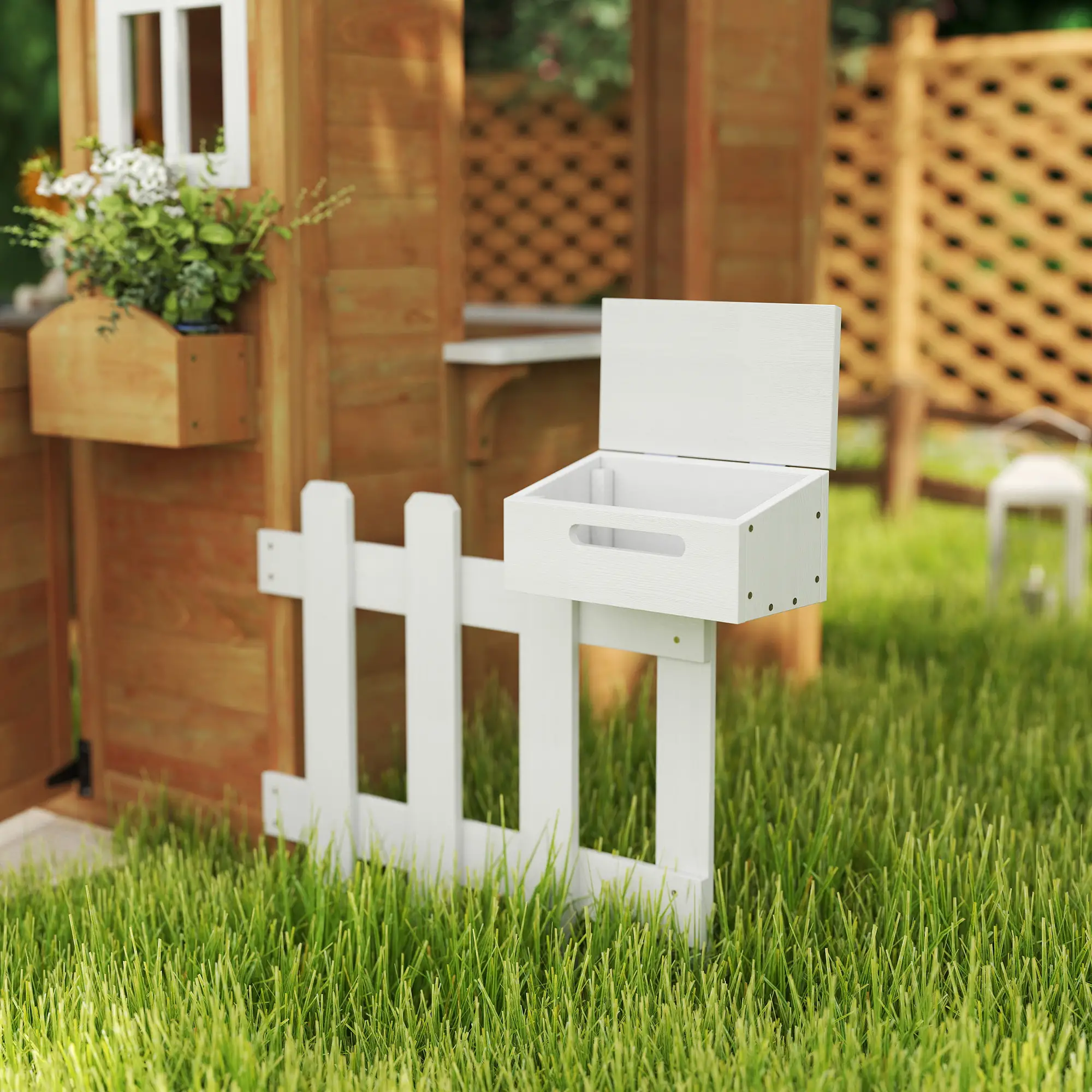Kids Wooden Playhouse, Door Windows, Mailbox, Flower Pot, Bench, Yellow - Image 9