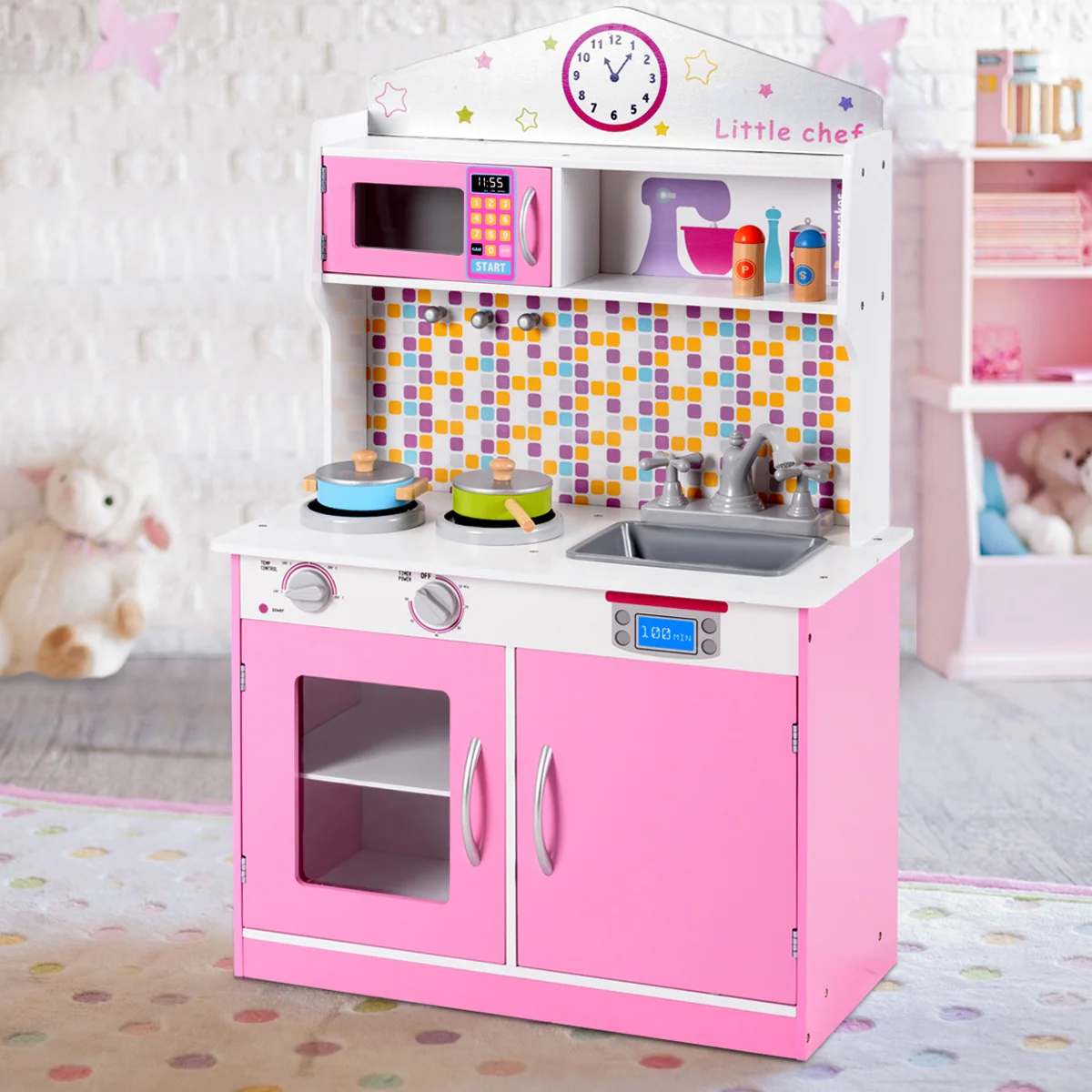 Kids Wooden Pretend Cookware Playset, Pink - Image 3