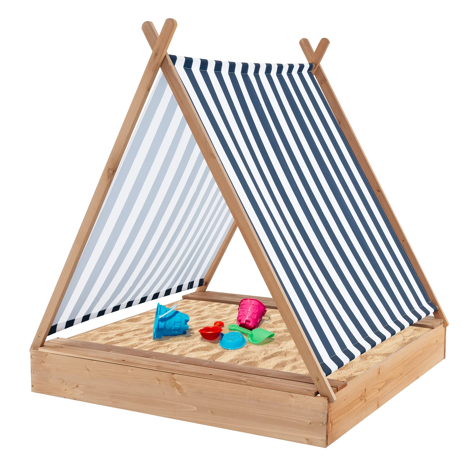 Kids Wooden Sandbox, 49 x 48 Inch, Natural, With Cover And 2 Bench Seats