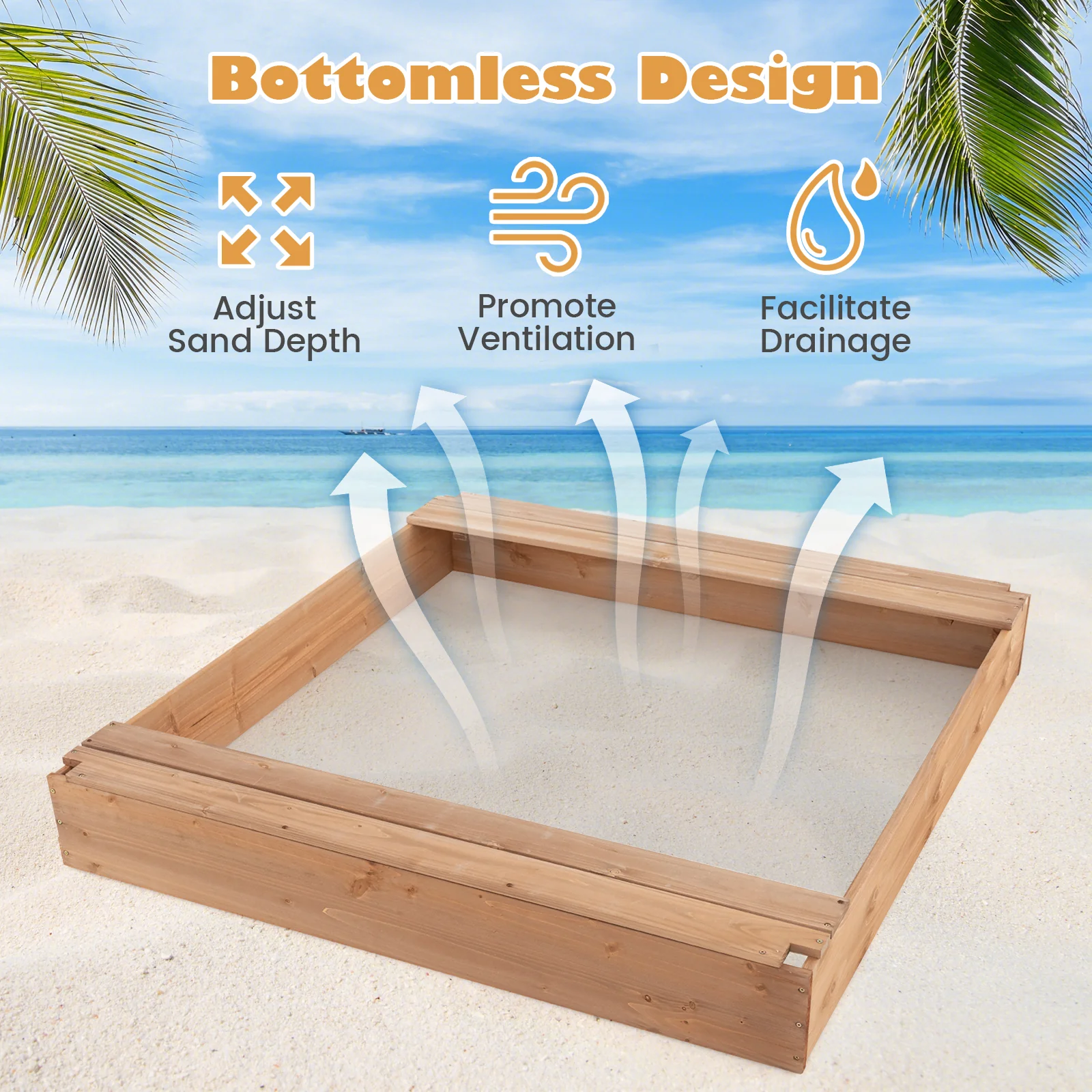 Kids Wooden Sandbox, 49 x 48 Inch, Natural, With Cover And 2 Bench Seats - Image 10