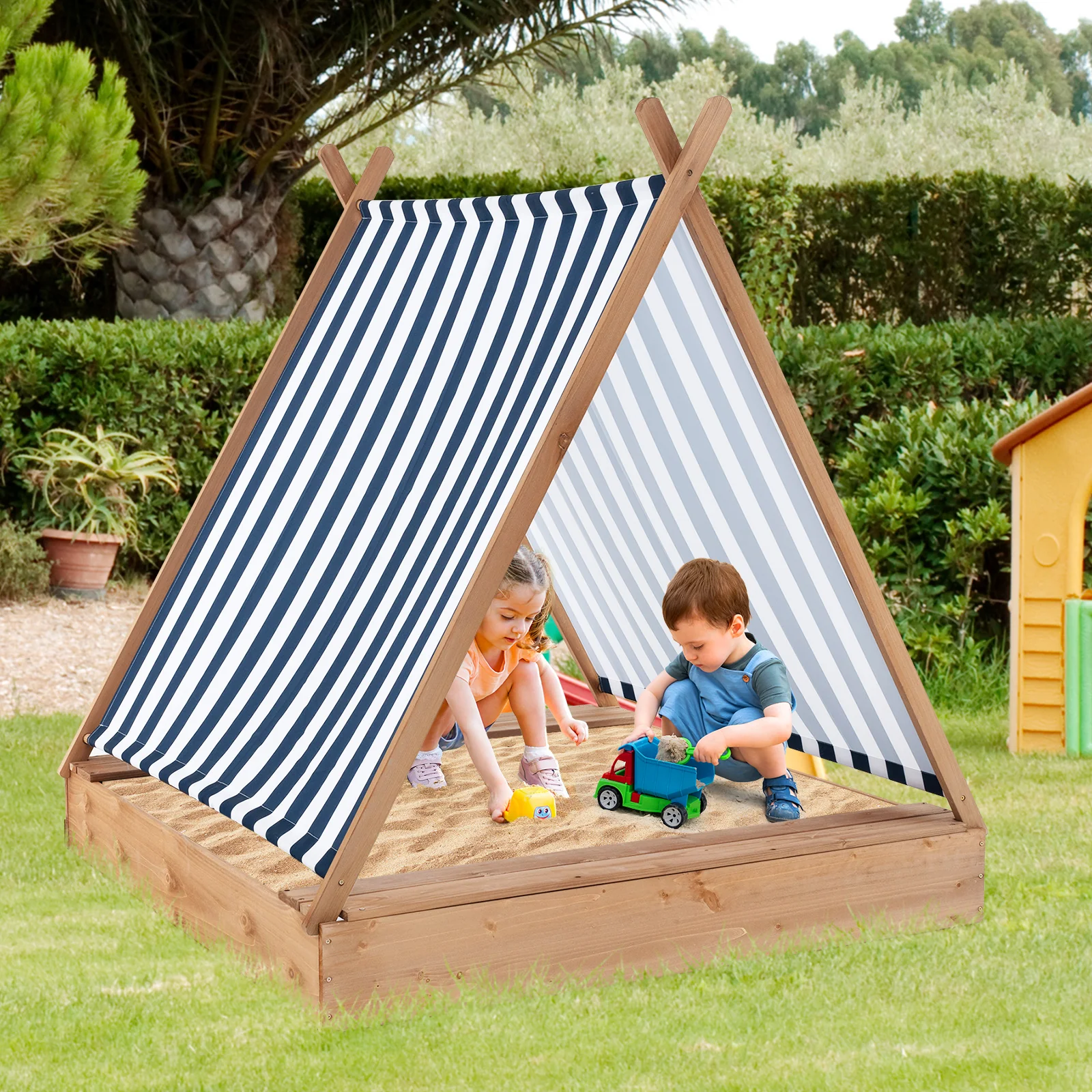 Kids Wooden Sandbox, 49 x 48 Inch, Natural, With Cover And 2 Bench Seats - Image 2