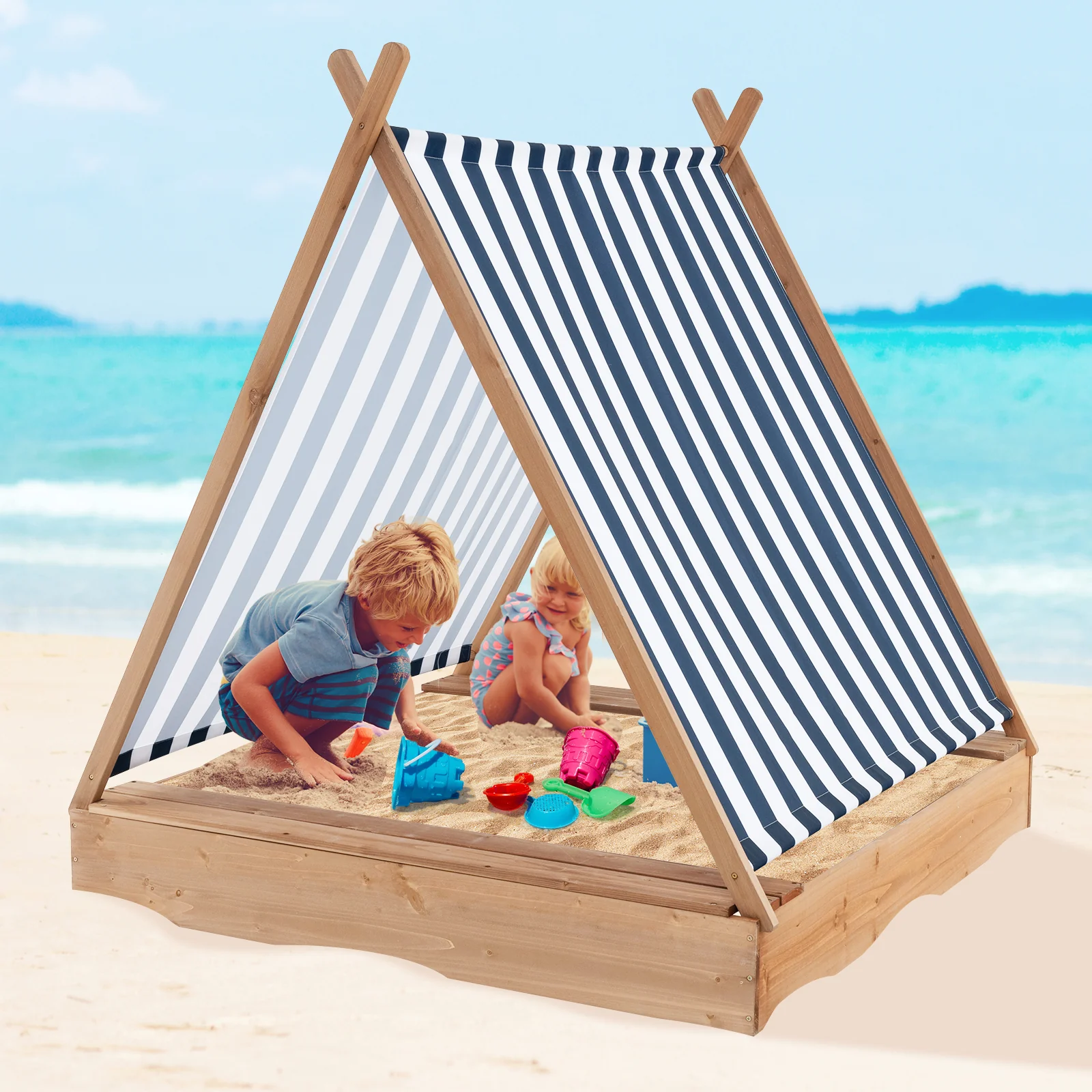 Kids Wooden Sandbox, 49 x 48 Inch, Natural, With Cover And 2 Bench Seats - Image 3
